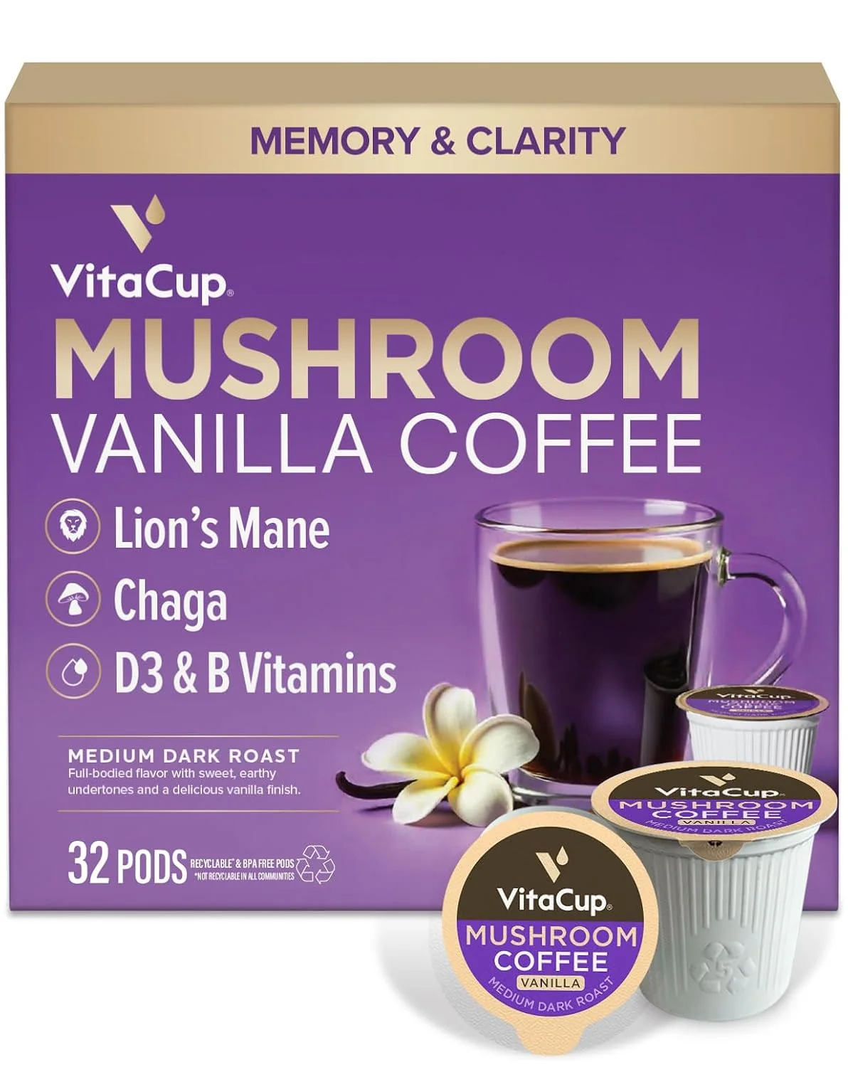 Soft VitaCup Vanilla Flavored Mushroom Coffee Pods with Lions Mane 32ct Medium Dark Roast Dark Roast Chaga Proven