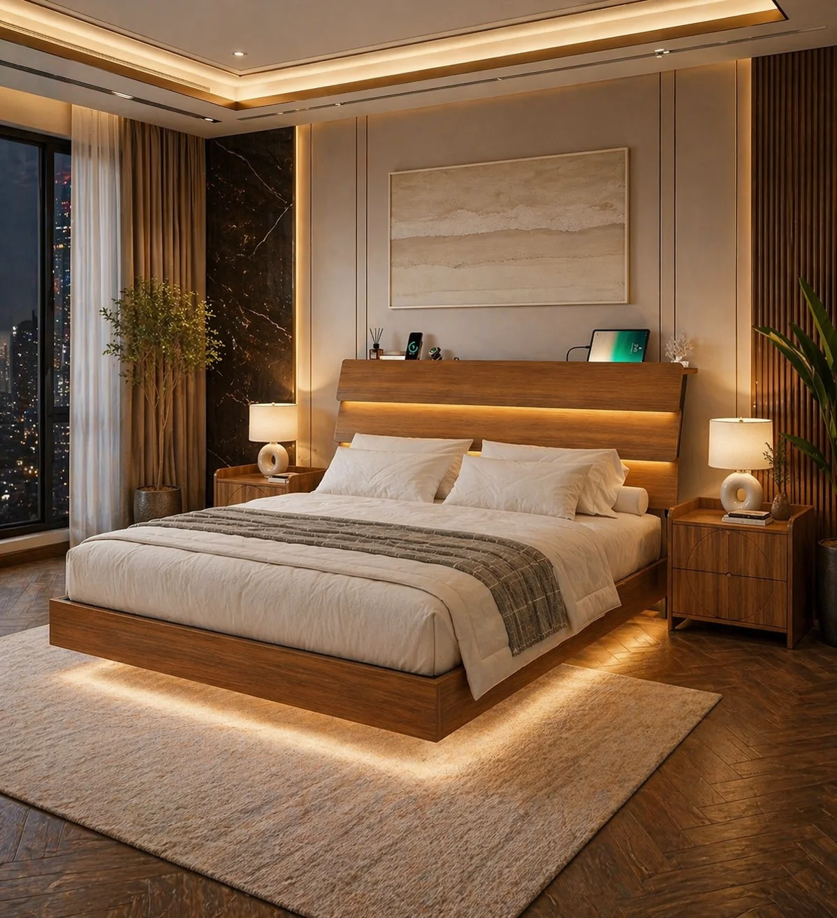 Healthy King Floating Bed Frame with LED Lights Charging Headboard 2 Fluted Premium Material