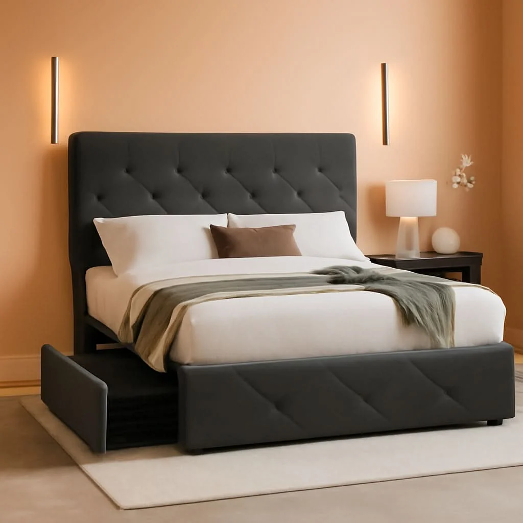 Exclusive Upholstered Queen Platform Bed With Storage Drawers Relaxed