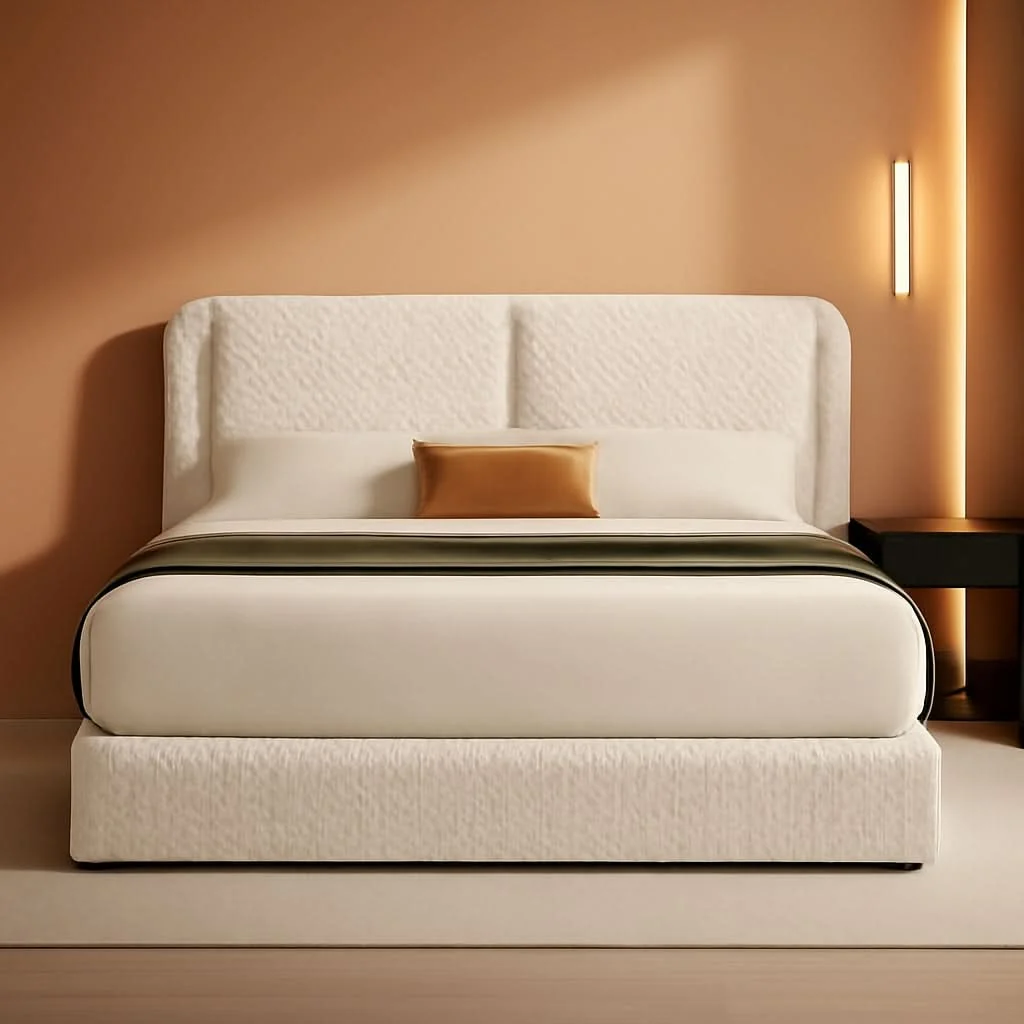 World-Class Queen Size White Corduroy Upholstered Platform Bed High-End