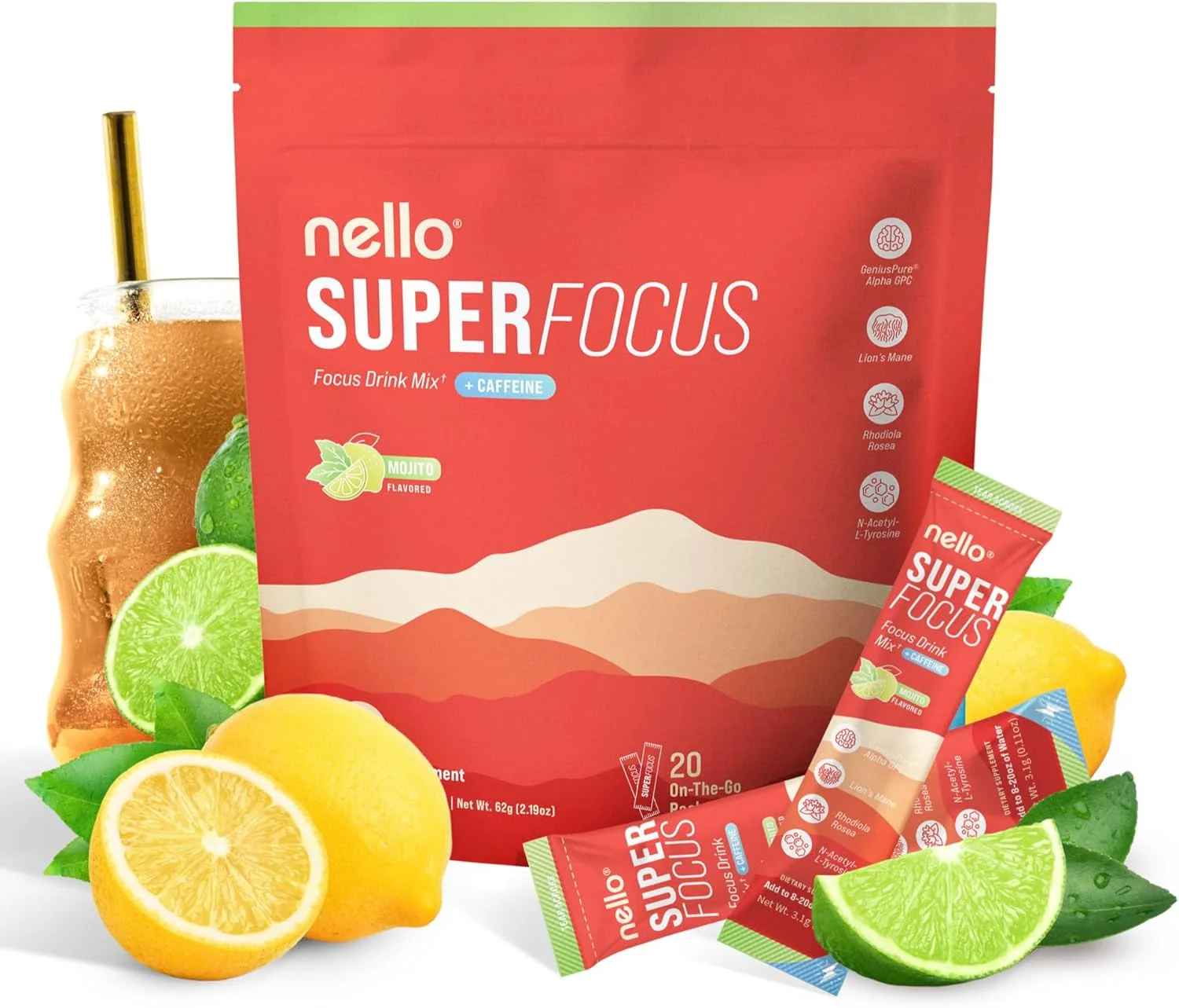 Practical SuperFocus Mojito with Caffeine– Nootropic Focus Drink Mix 20 On-The-Go Packets Alpha GPC Lion s Mane Rhodiola Sugar- Certified
