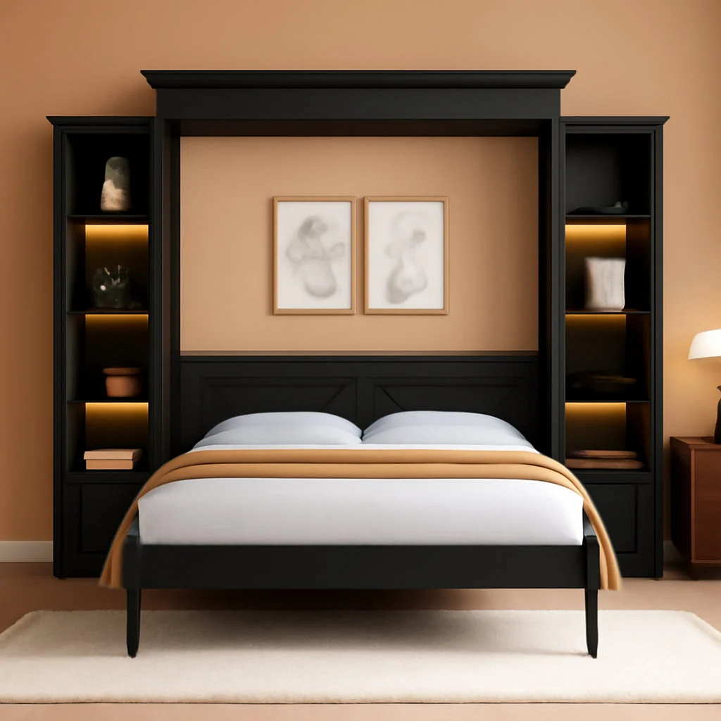 Solid Queen Size Murphy Bed With Storage Cabinets And LED Lighting Black Stylish