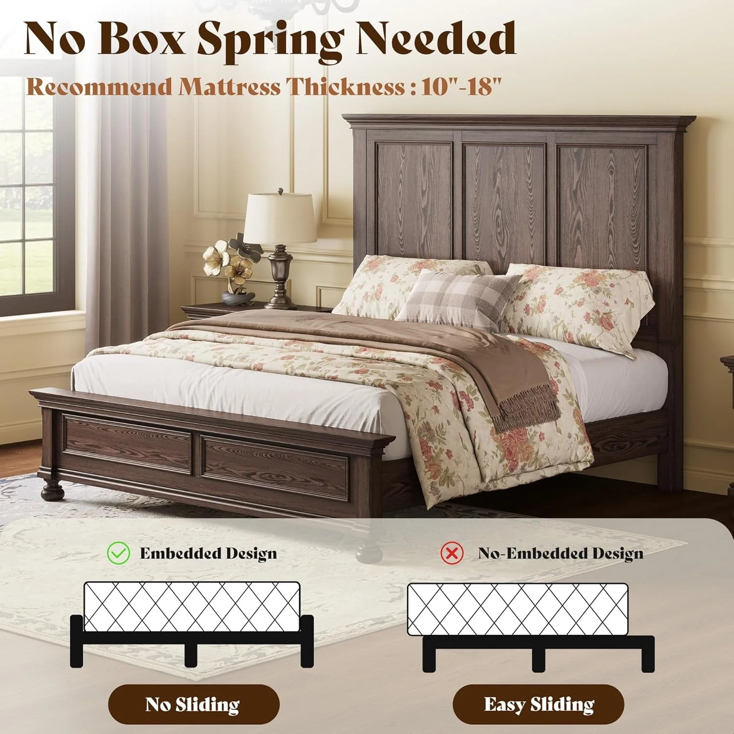 Breathable Midcentury Modern DarkPine King Bed Frame Headboard High-End