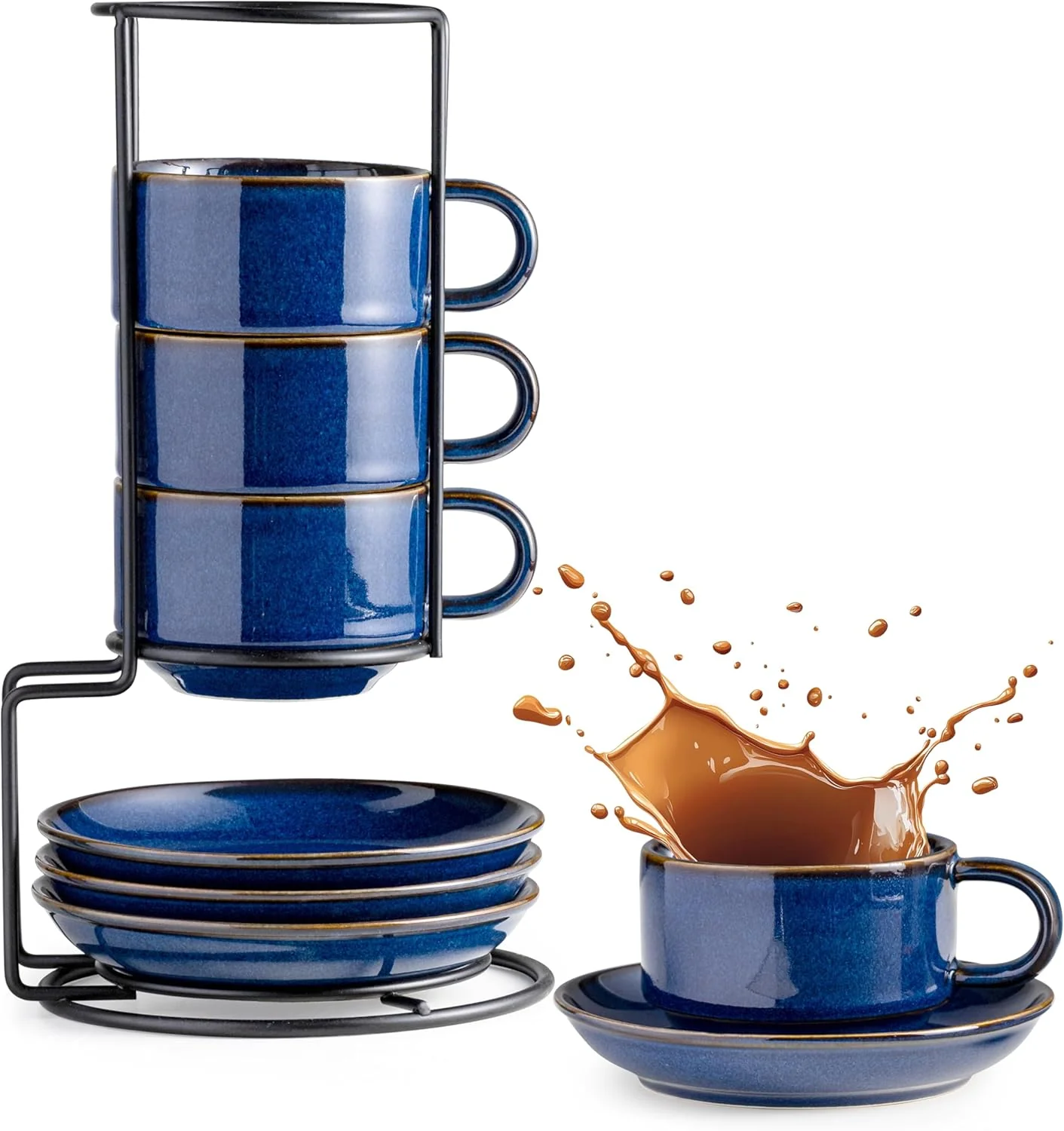 Original Design Gomakren 6 Ounce Cappuccino Cups with Saucers and Metal Stand Stackable Coffee Cup Set of 4 Porcelain Espresso Cups for Coffee Drinks Cappuccino Traditional