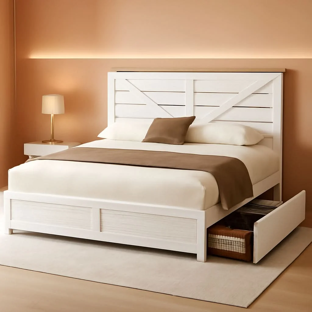 Original Design Barnwood White Farmhouse Storage Platform Bed Frame Enhanced