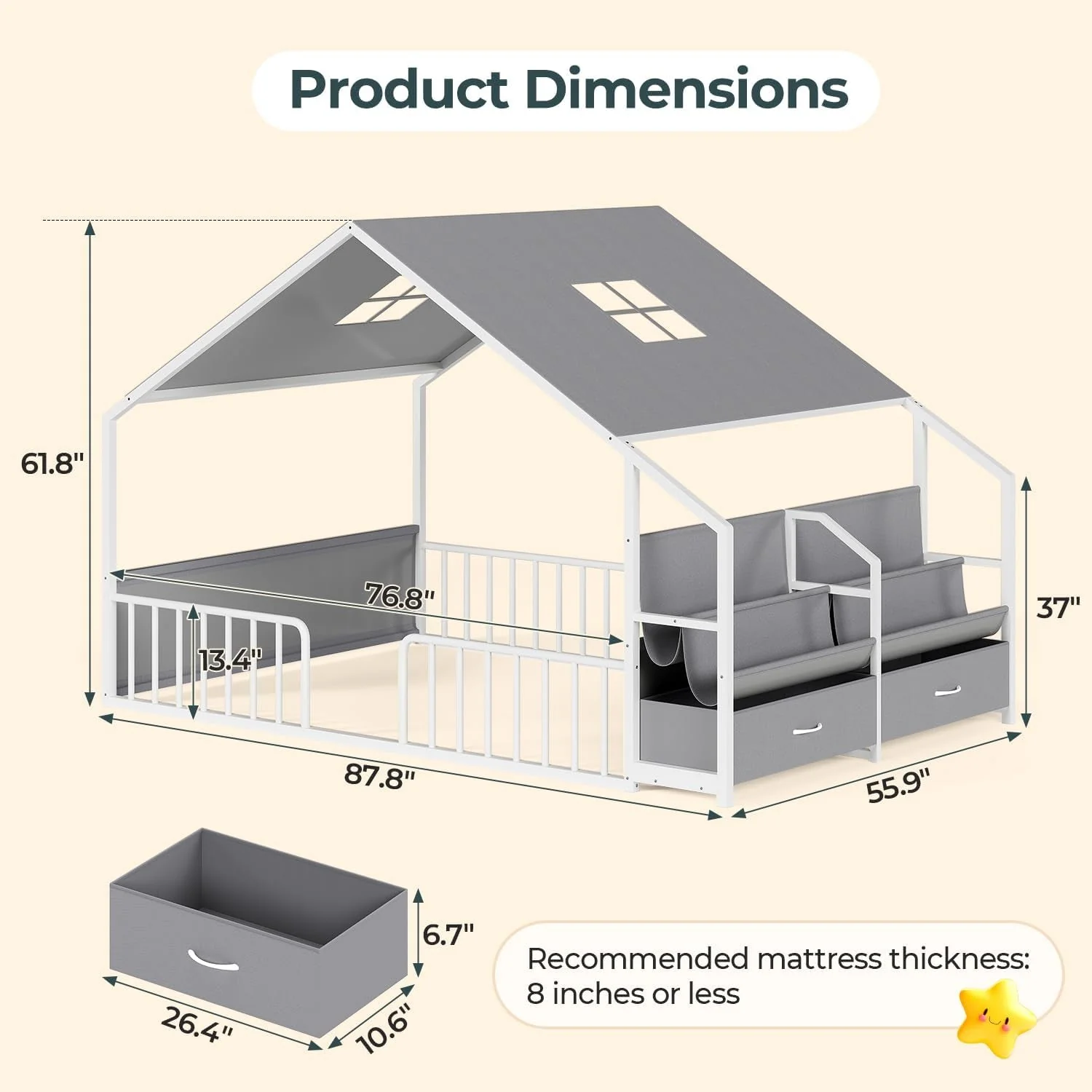 Solid Montessori Floor Bed With White Guardrails Storage High-Performance