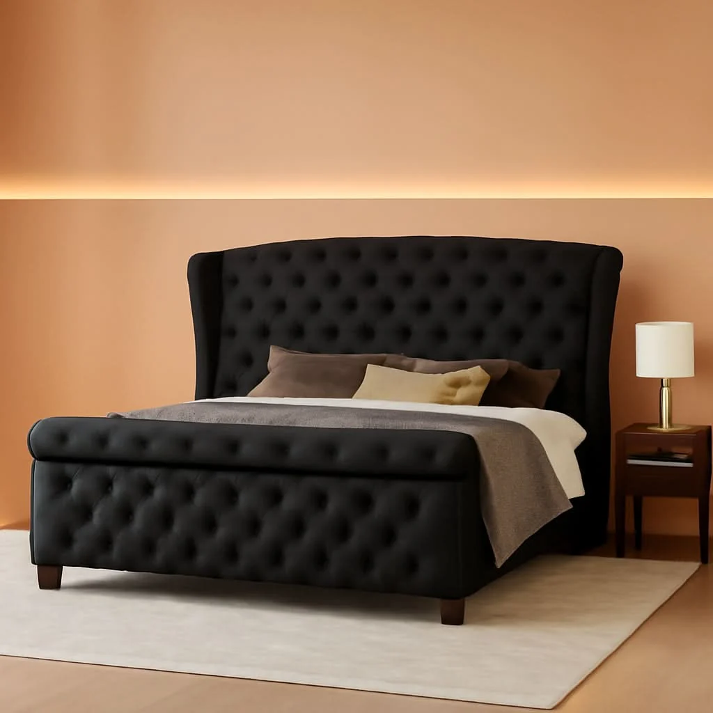 Top-Quality Queen Velvety Platform Bed Frame Black Upholstered Original