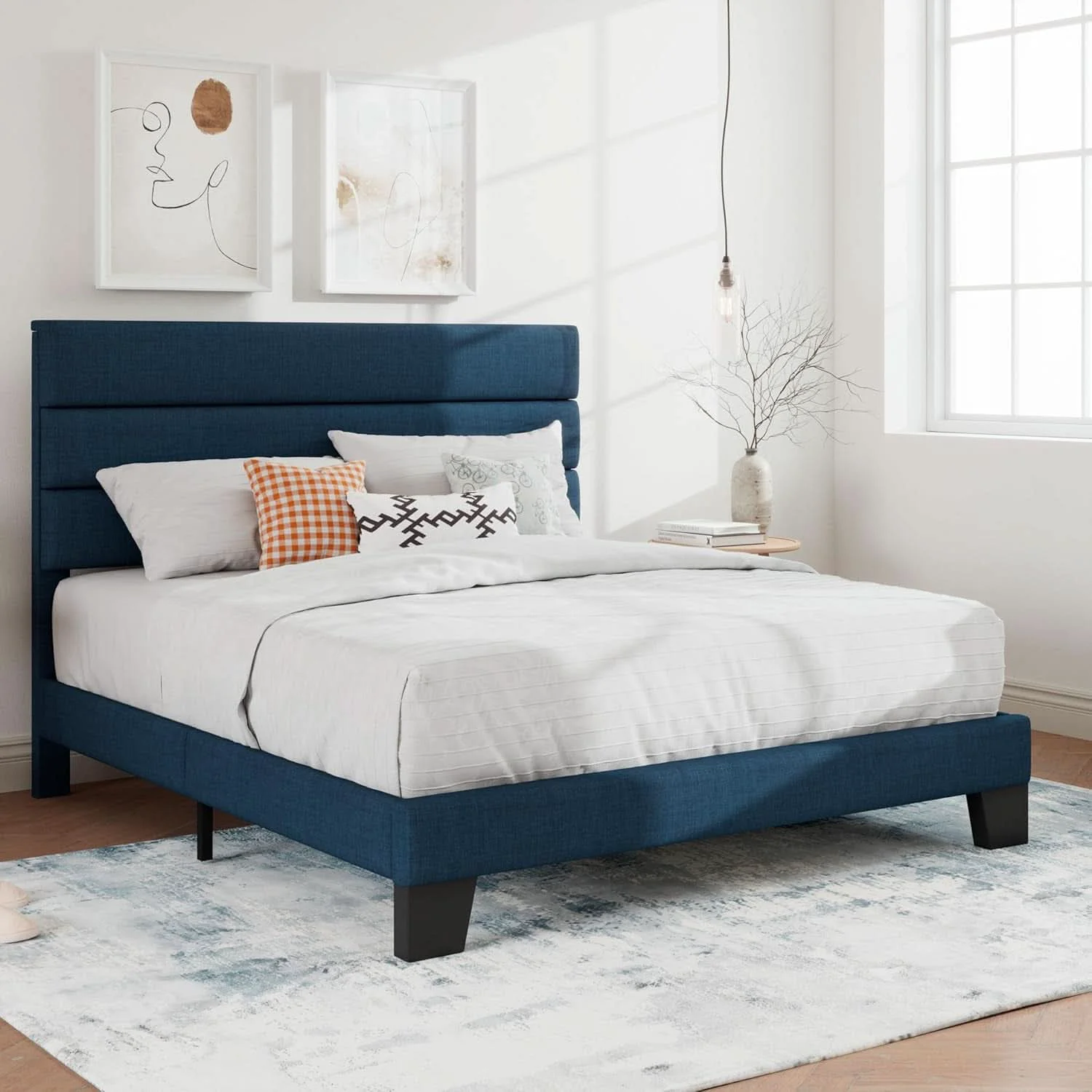 Relaxed Full Platform Bed Frame Blue Upholstered Headboard Detailed