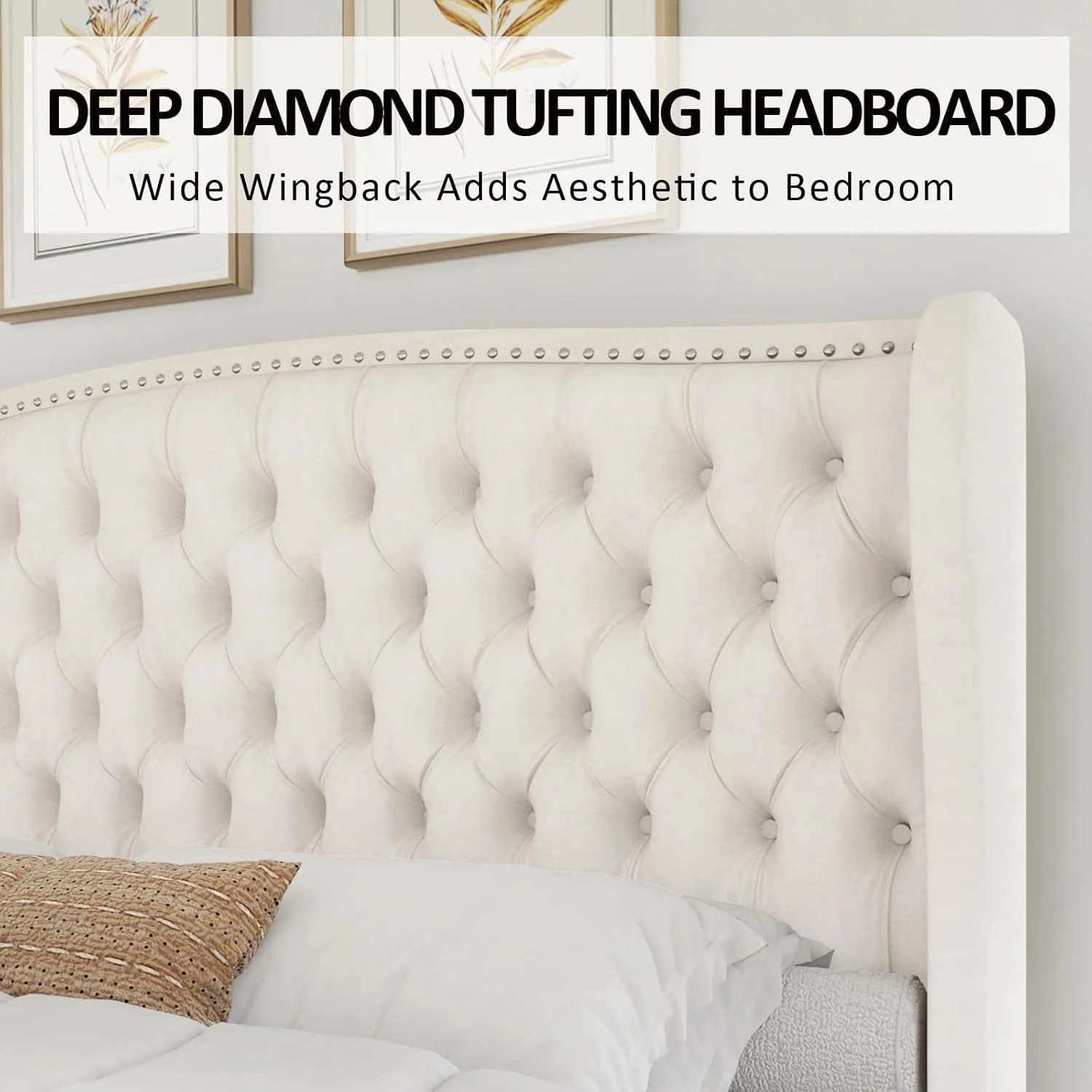 Professional Queen Cream Velvet Upholstered Platform Bed Headboard Authentic