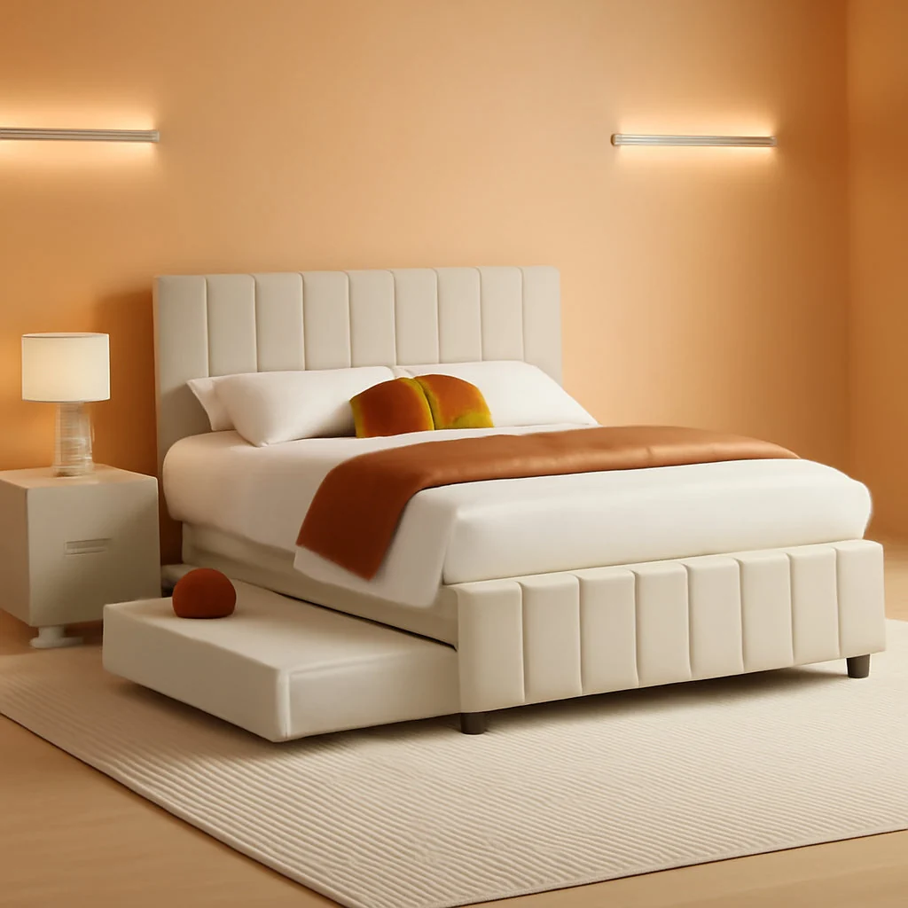 Consistent Queen Beige Velvet Upholstered Platform Bed Trundle Superior
