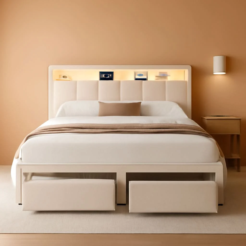 Enhanced White Velvet Upholstered Platform Bed With Drawers First-Class