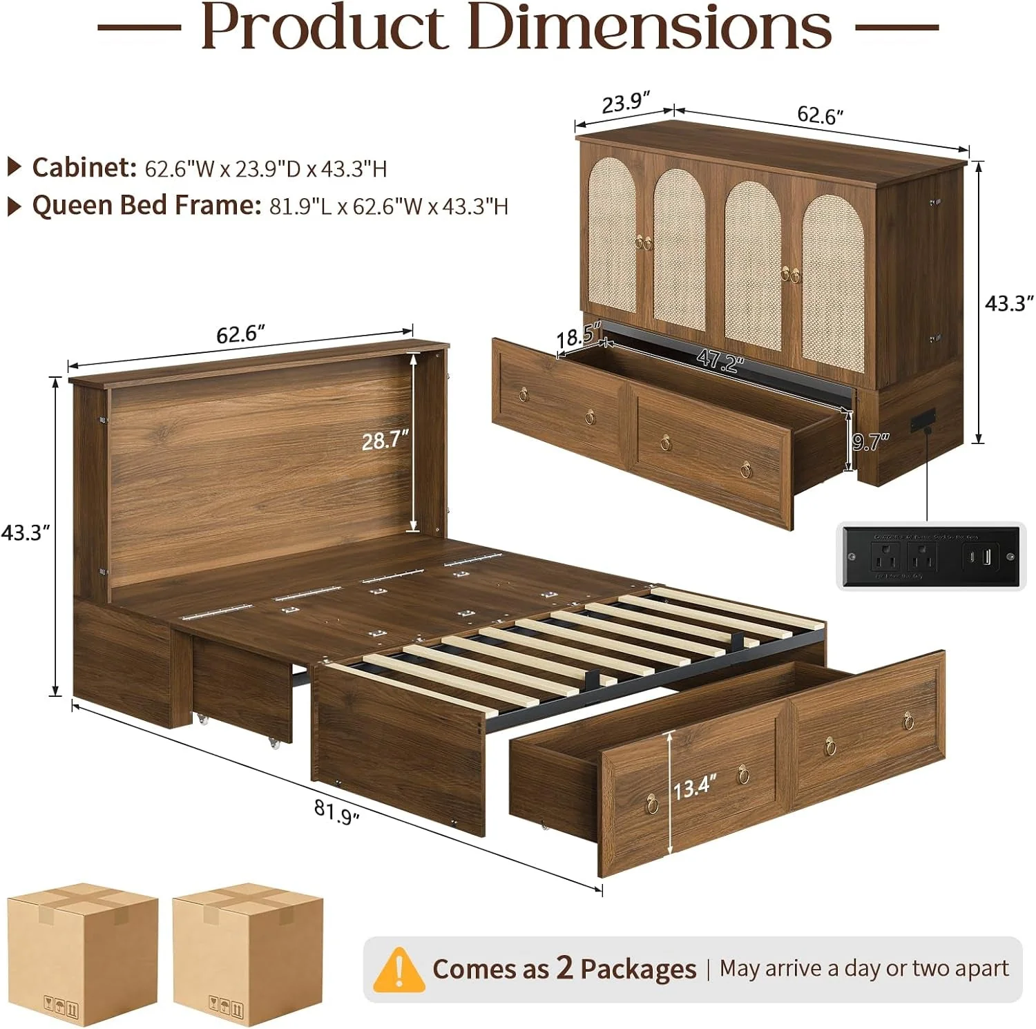 Long-Lasting Queen Murphy Platform Bed With Integrated Charging Trendy