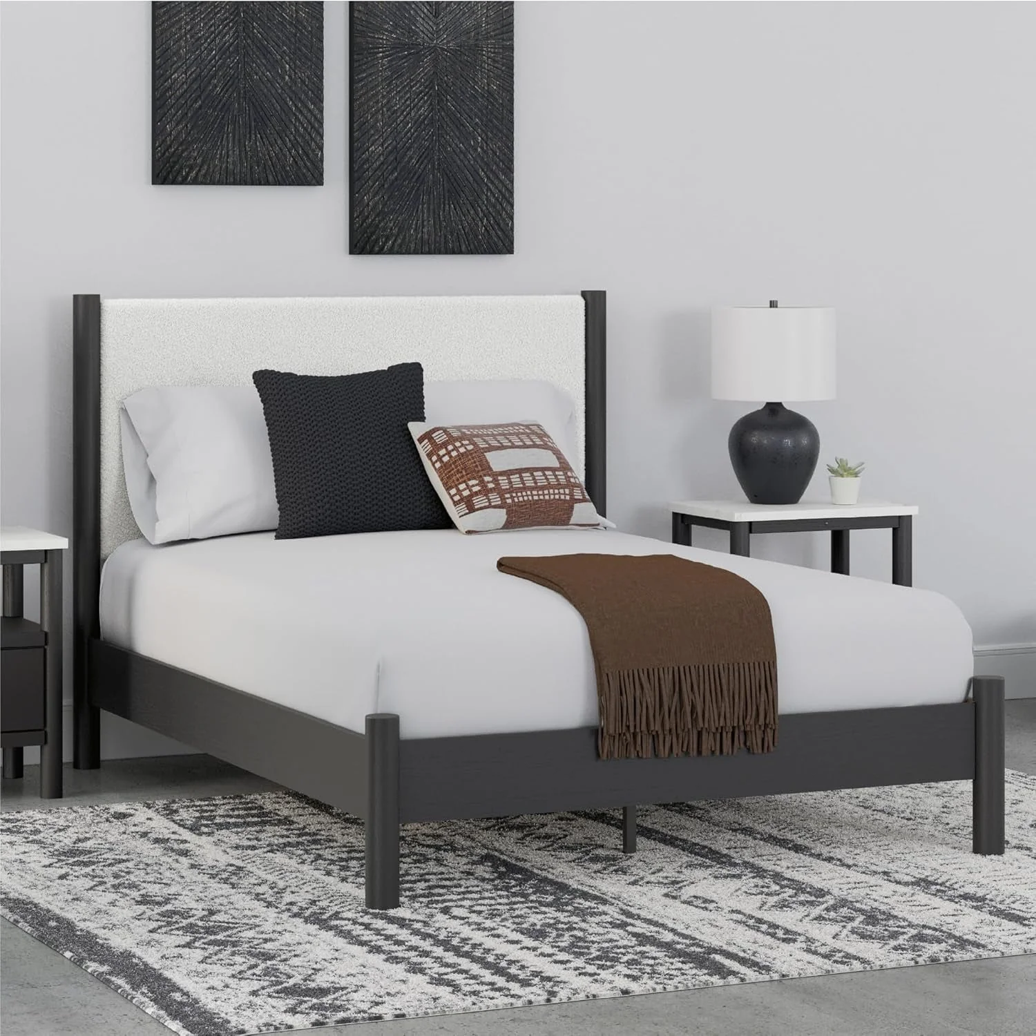 Premium Queen Upholstered Platform Bed Matte Black Silhouette Recyclable