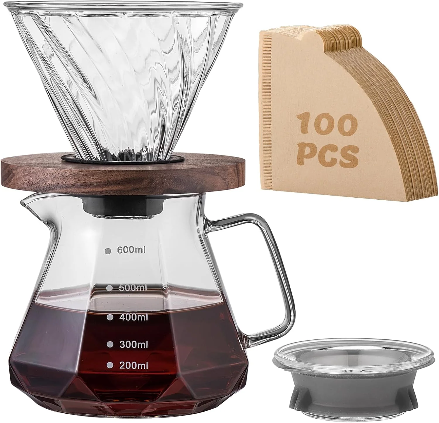 Elegant Pour Over Coffee Maker Set – Drip Coffee Pot with Walnut Handle Glass Coffee Dripper 100 Filters 20oz 600ml Capacity High-Performance