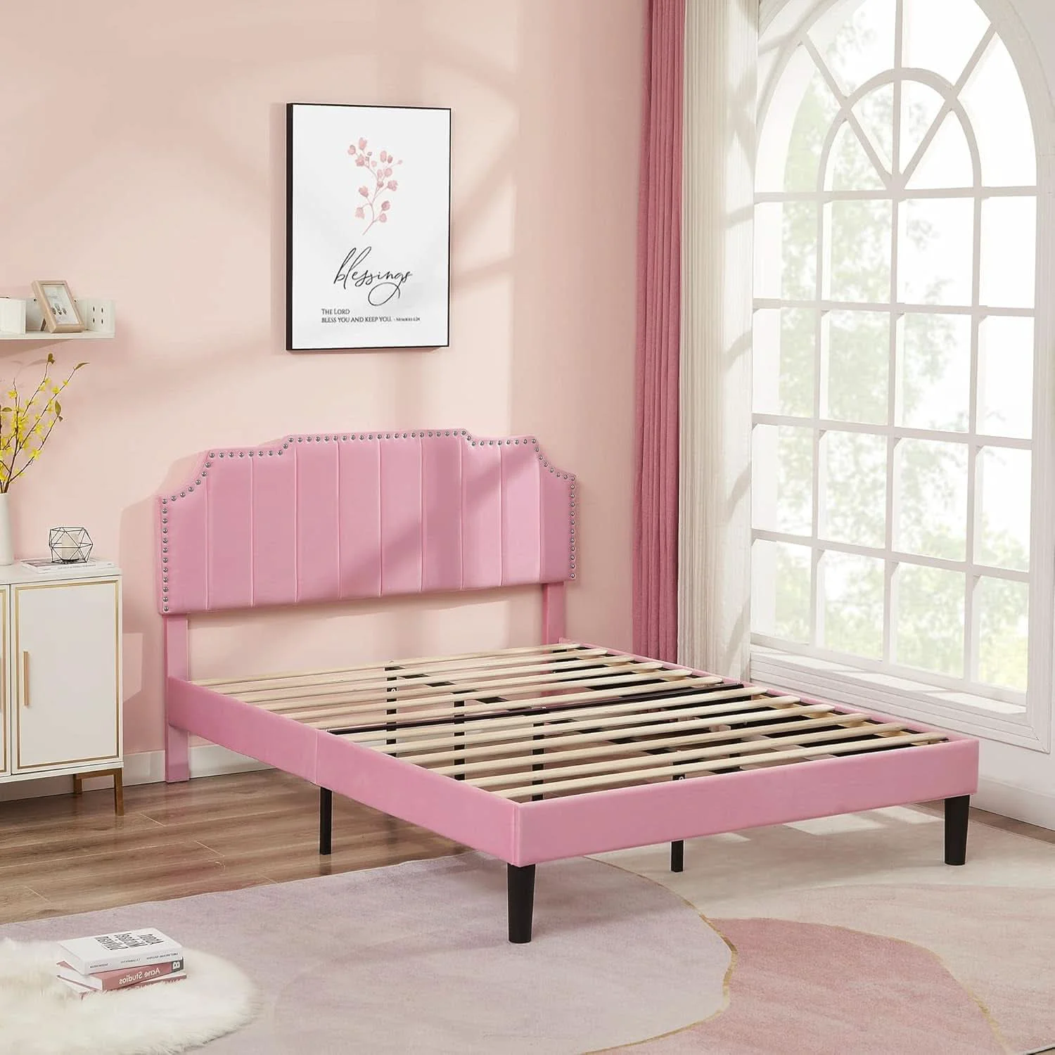 Secure Queen Velvet Upholstered Platform Bed Frame Nailhead Trendy
