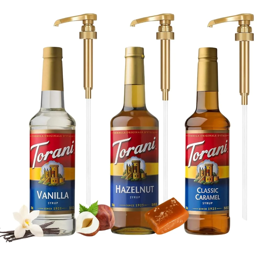 Professional Summer Syrup Variety 3 Pack Vanilla Caramel Hazelnut – Italian Soda Flavors with 3 Jimoco Pump Dispensers Flexible