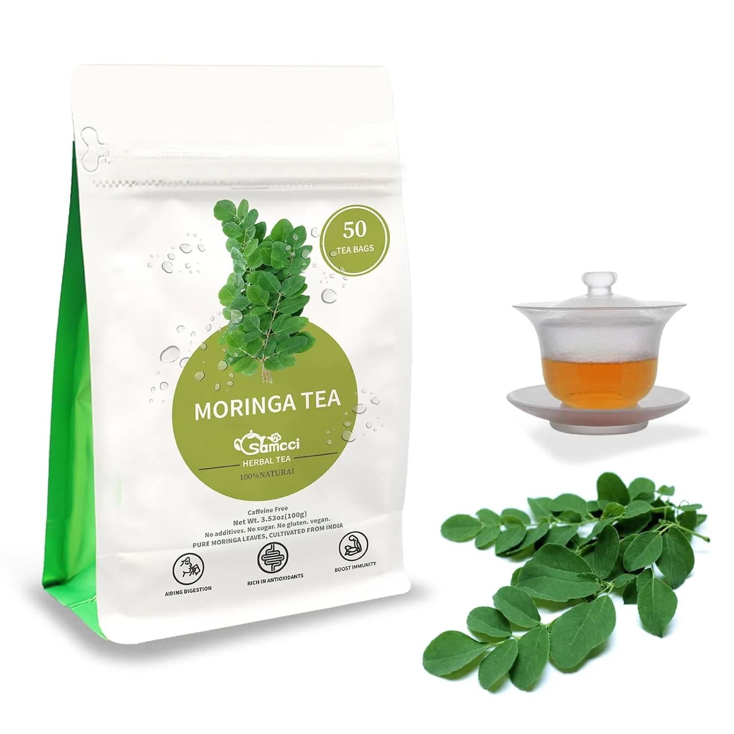 Versatile Samcci – Moringa Tea – 50 Tea Bags – Pure Moringa Leaves Herbal Tea for Supporting Digestion Immune System – Non-GMO – Vegan – Caffeine- Optimized