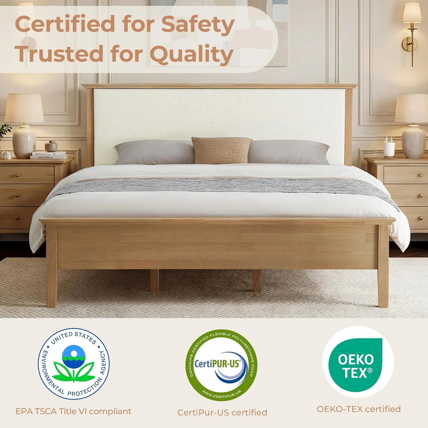 Eco-Friendly Queen Platform Bed Frame Boucle Upholstered Headboard Fine Crafted