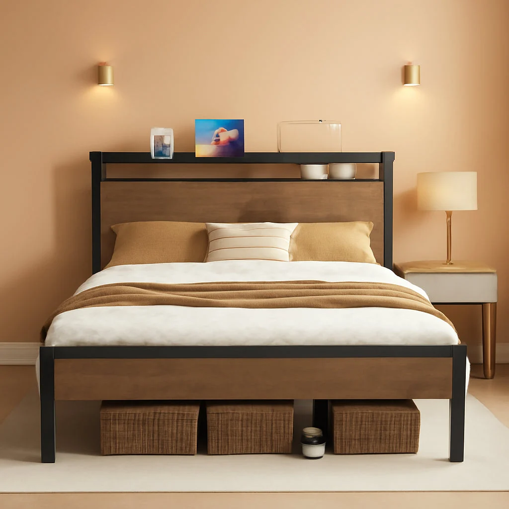 Functional Queen Bed Frame Distressed Brown Storage Headboard Verified