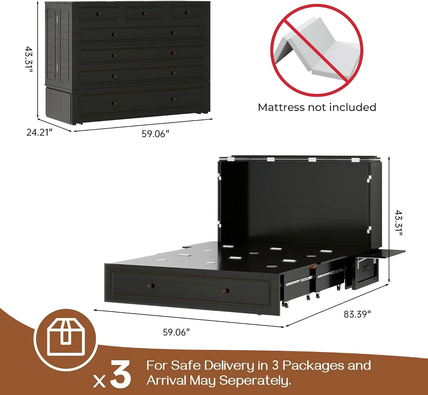 Top-Quality Queen Murphy Bed Cabinet Contemporary Black Finish Premium Material
