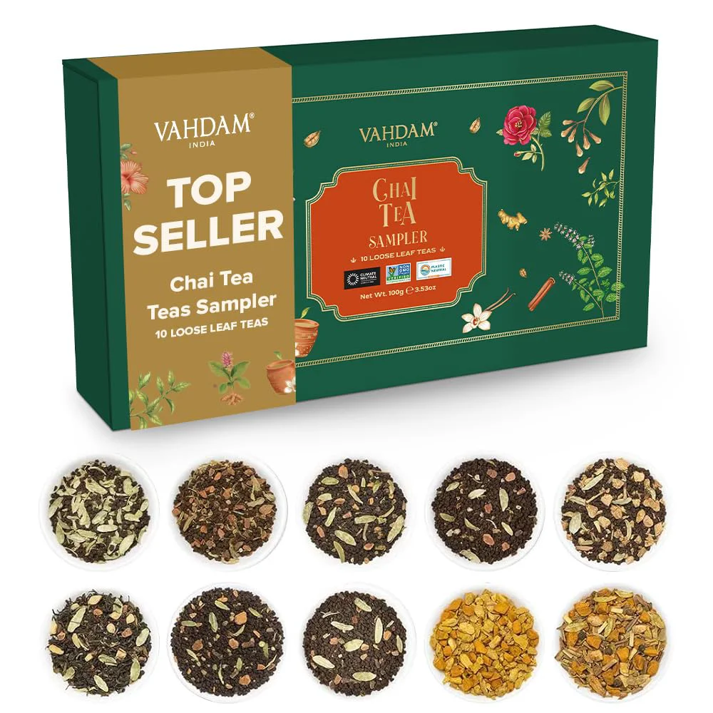 Proven Vahdam Assorted Chai Tea Loose Leaf Tea Gift Set 10 Flavors Gift Ideas for Women Men Indian Exotic Chai Tea Blends Resealable Ziplock Pouch Solid