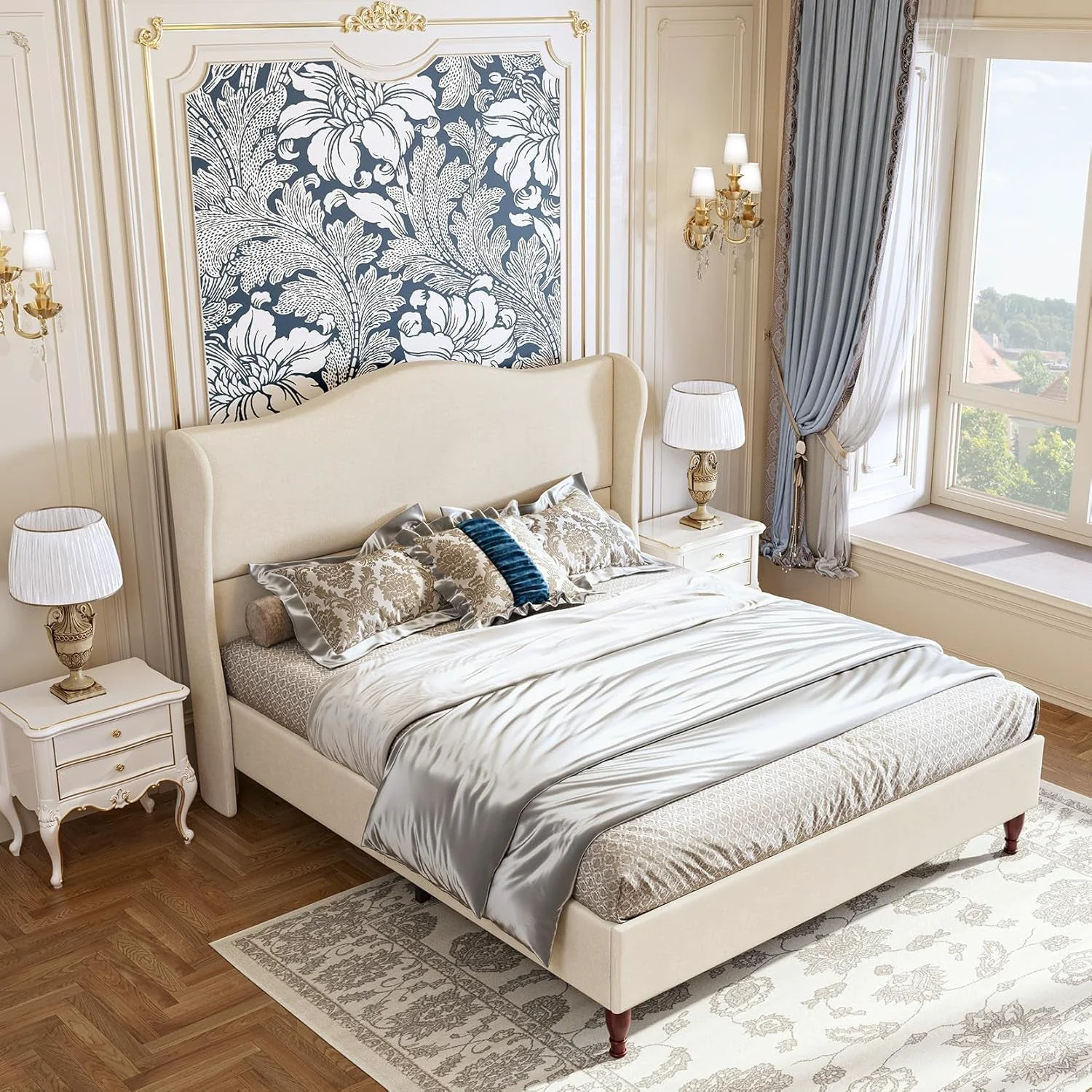 Comfortable King Size Beige Upholstered Platform Bed Headboard Expertly Made