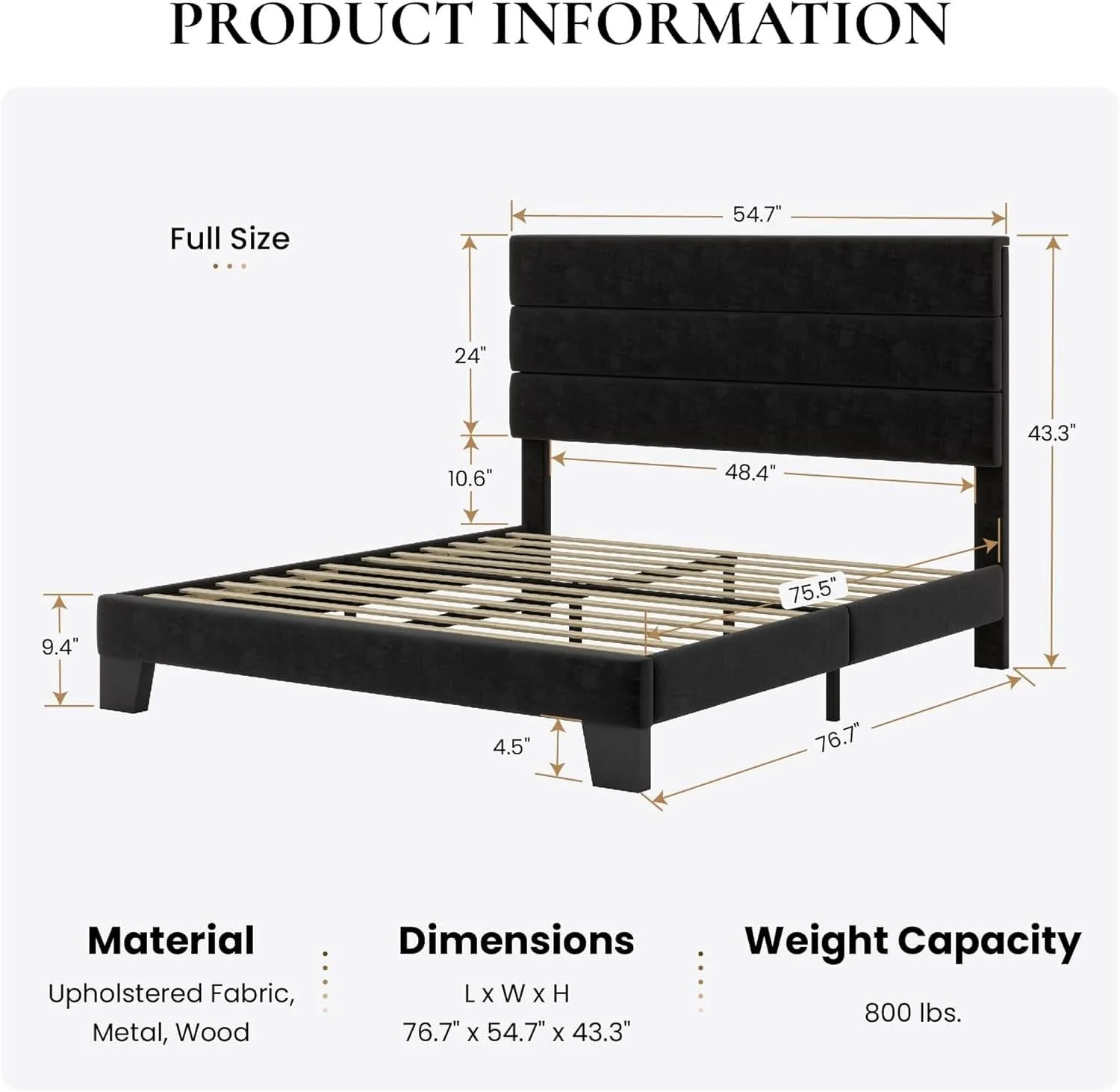 Natural Standard Platform Bed Frame Velvet Headboard Black Fine