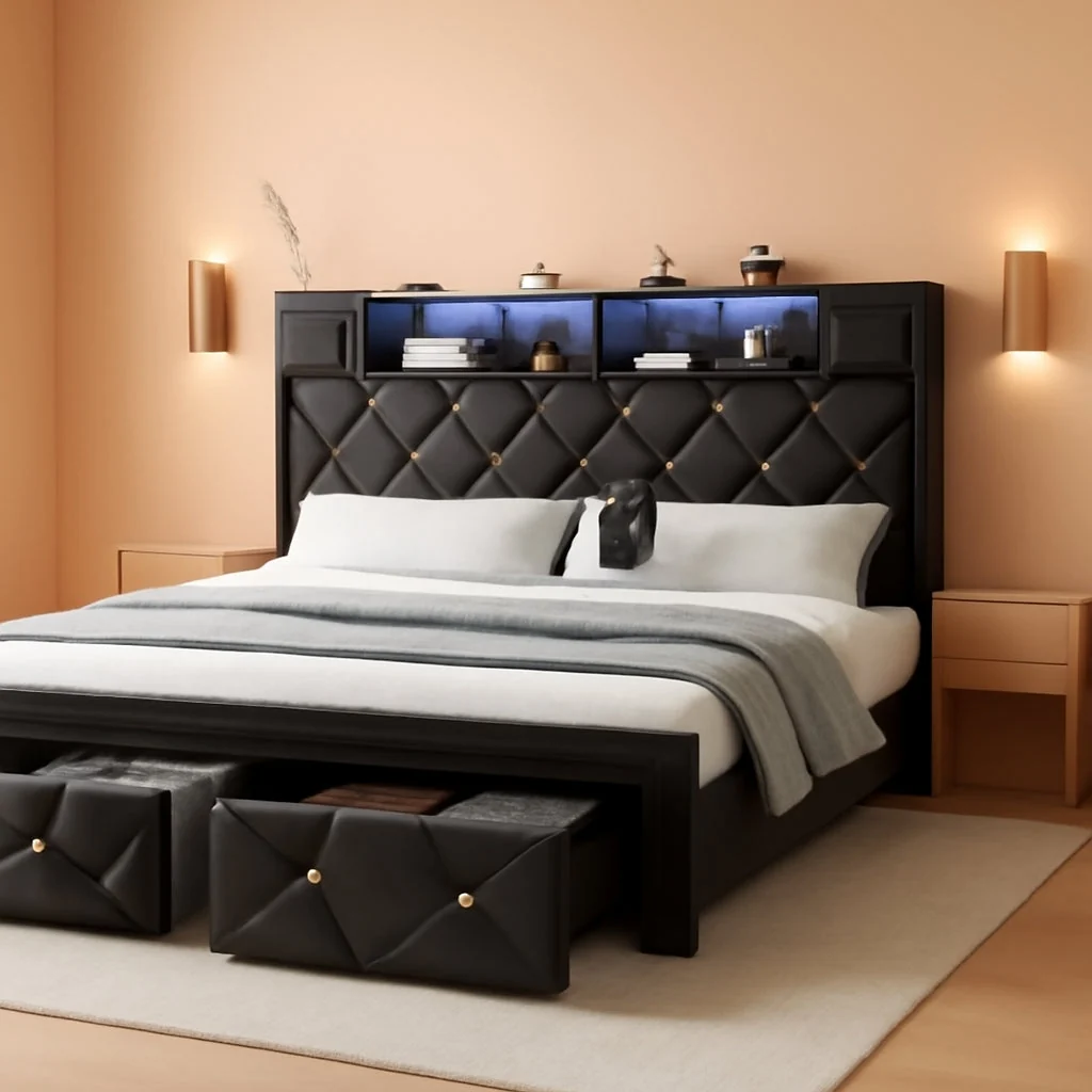 Advanced King Size Upholstered Platform Bed Headboard Storage Innovative