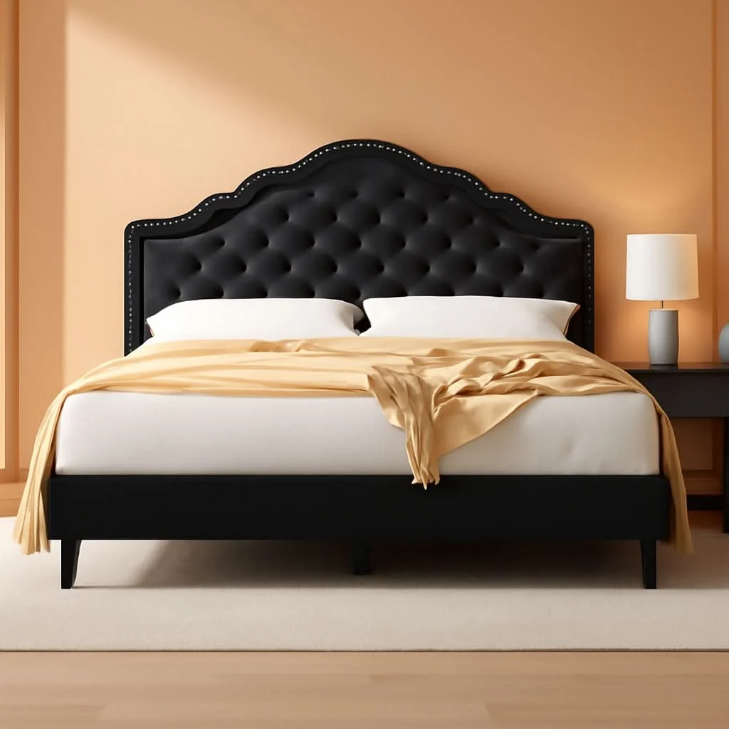 Professional Queen Bed Frame With Adjustable Headboard BlackVelvet Safe
