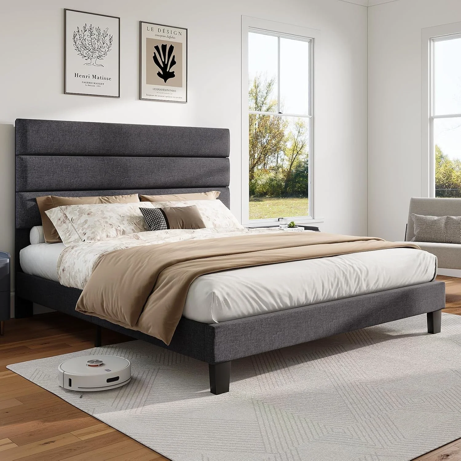 High-Grade Queen Size Grey Linen Upholstered Platform Bed frame Dependable