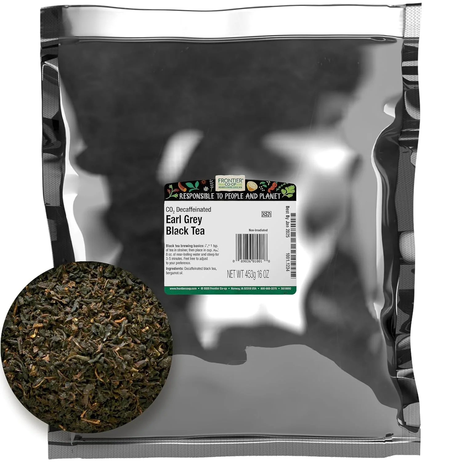 Pure Frontier Co-op Decaf Earl Grey Black Tea 1-pound Bulk Bag Smoky Tea Flavor with Bergamot Oil Great with Citrus Kosher Enhanced