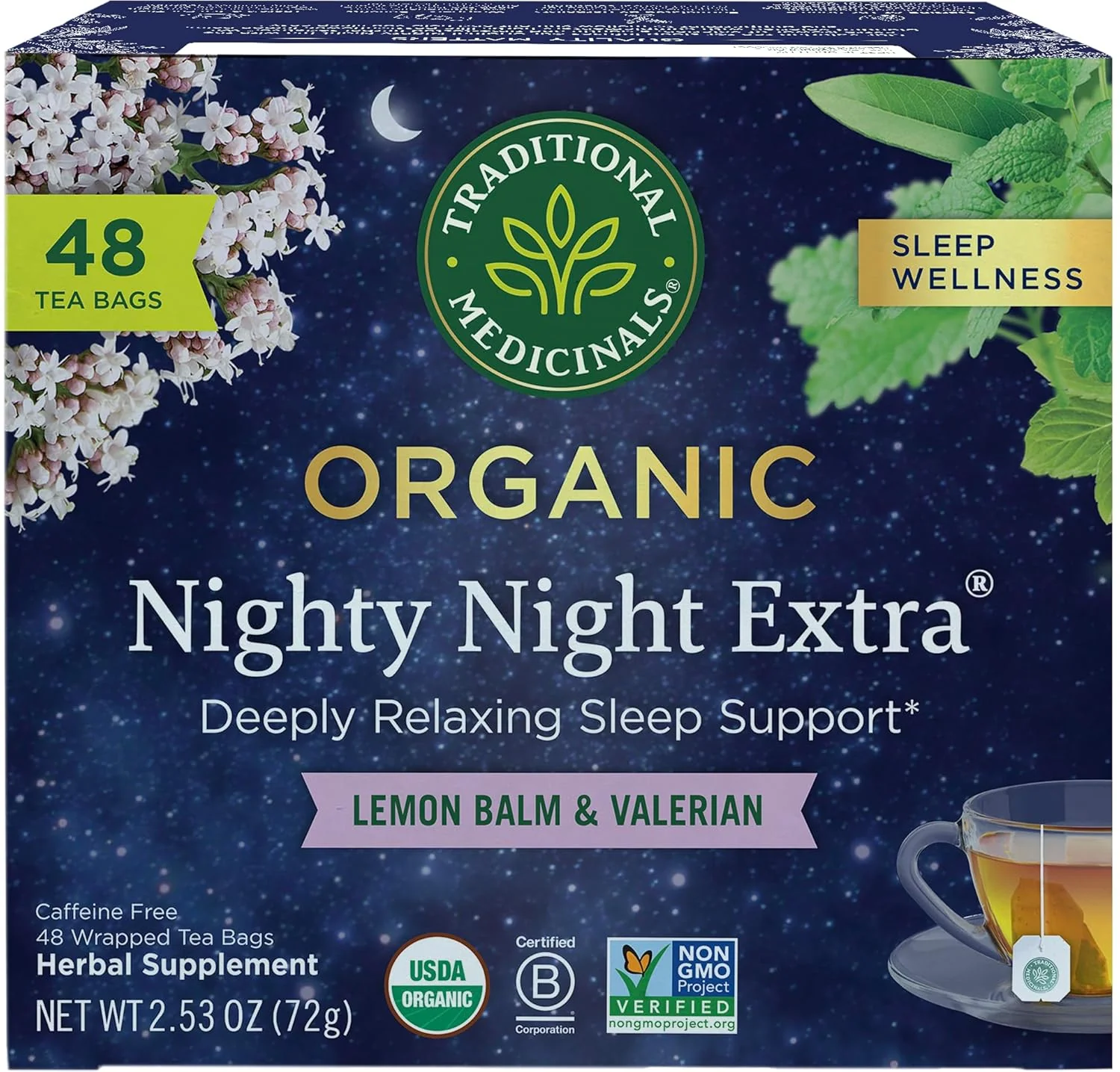 Sophisticated Traditional Medicinals Organic Nighty Night Extra Tea With Valerian Root for Relaxation 48 Tea Bags Recyclable
