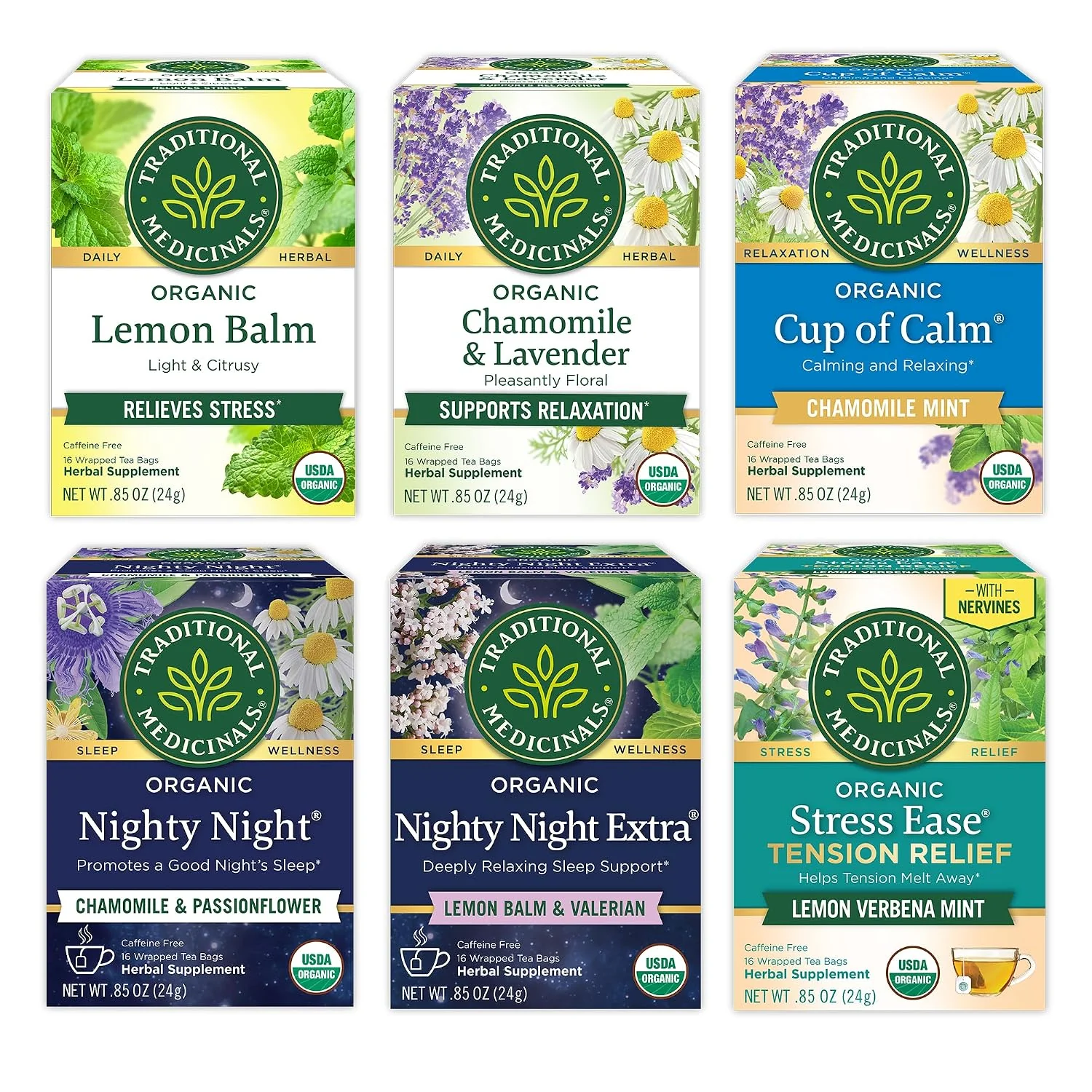 Excellent Traditional Medicinals Organic Stress amp Sleep Variety Pack 96 Tea Bags 6 Flavors Lavender Chamomile Lemon amp Valerian Root 96 Tea Bags 6 Pack Solid