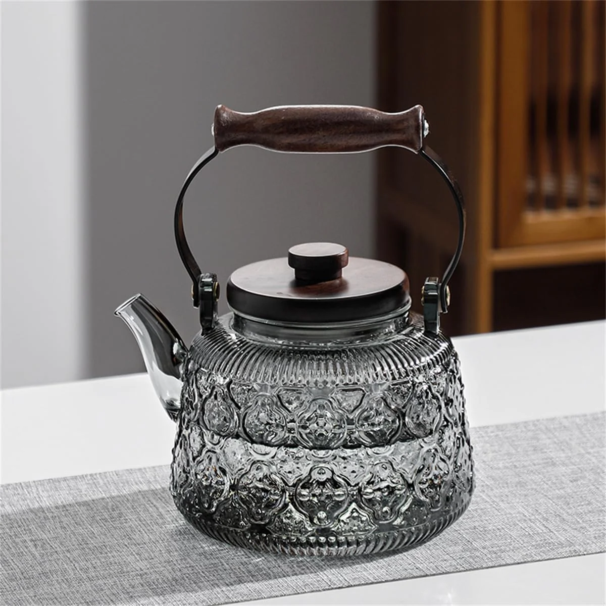 Prestigious IwaiLoft Stovetop Safe Glass Teapot with Malus Spectabilis Pattern Removable Infuser Fine Borosilicate Tea Pot for Fruit Flowering Tea Innovative