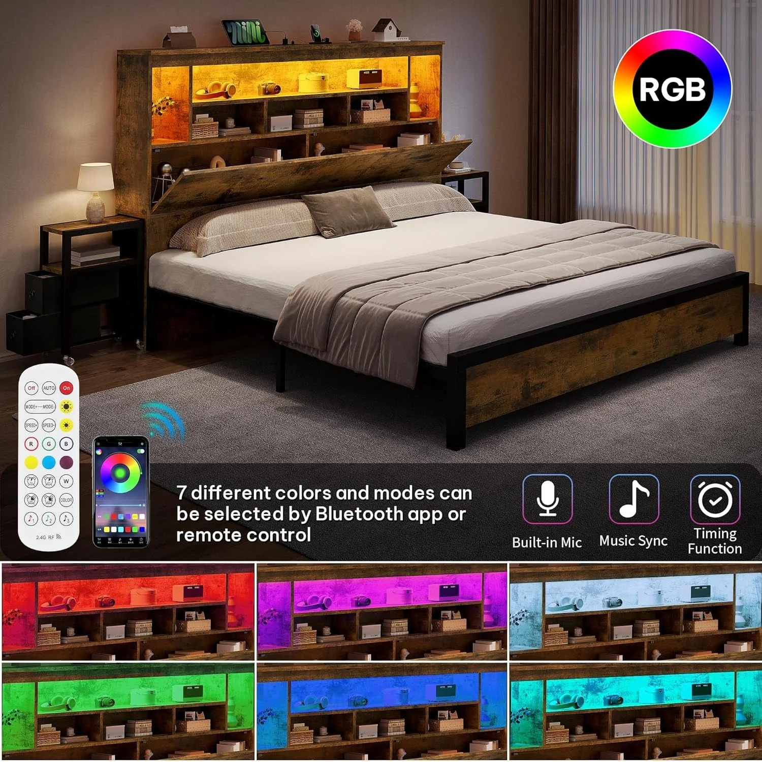 Modern Queen Size Bed Frame With Bookcase Headboard RGBLED Smooth