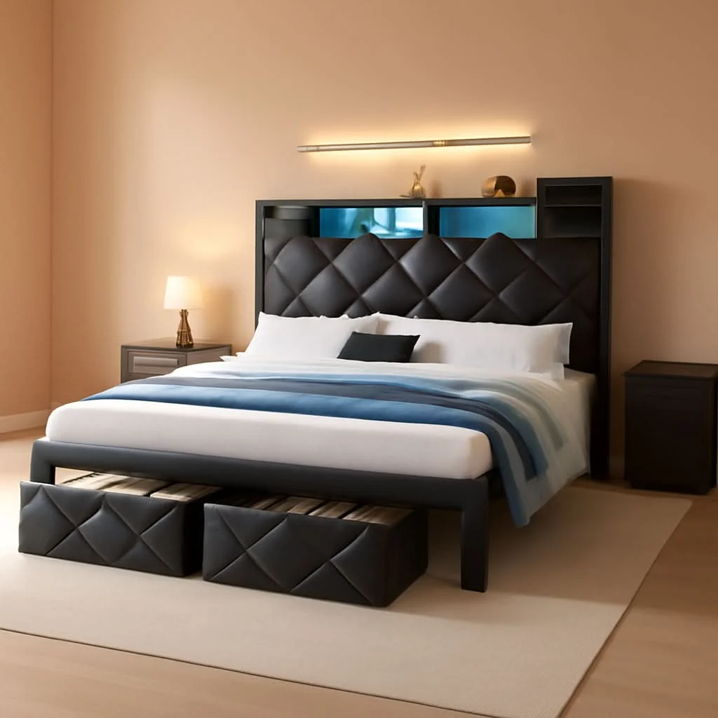 Secure Queen Size Black Upholstered Bed Frame USB Charging Trendy