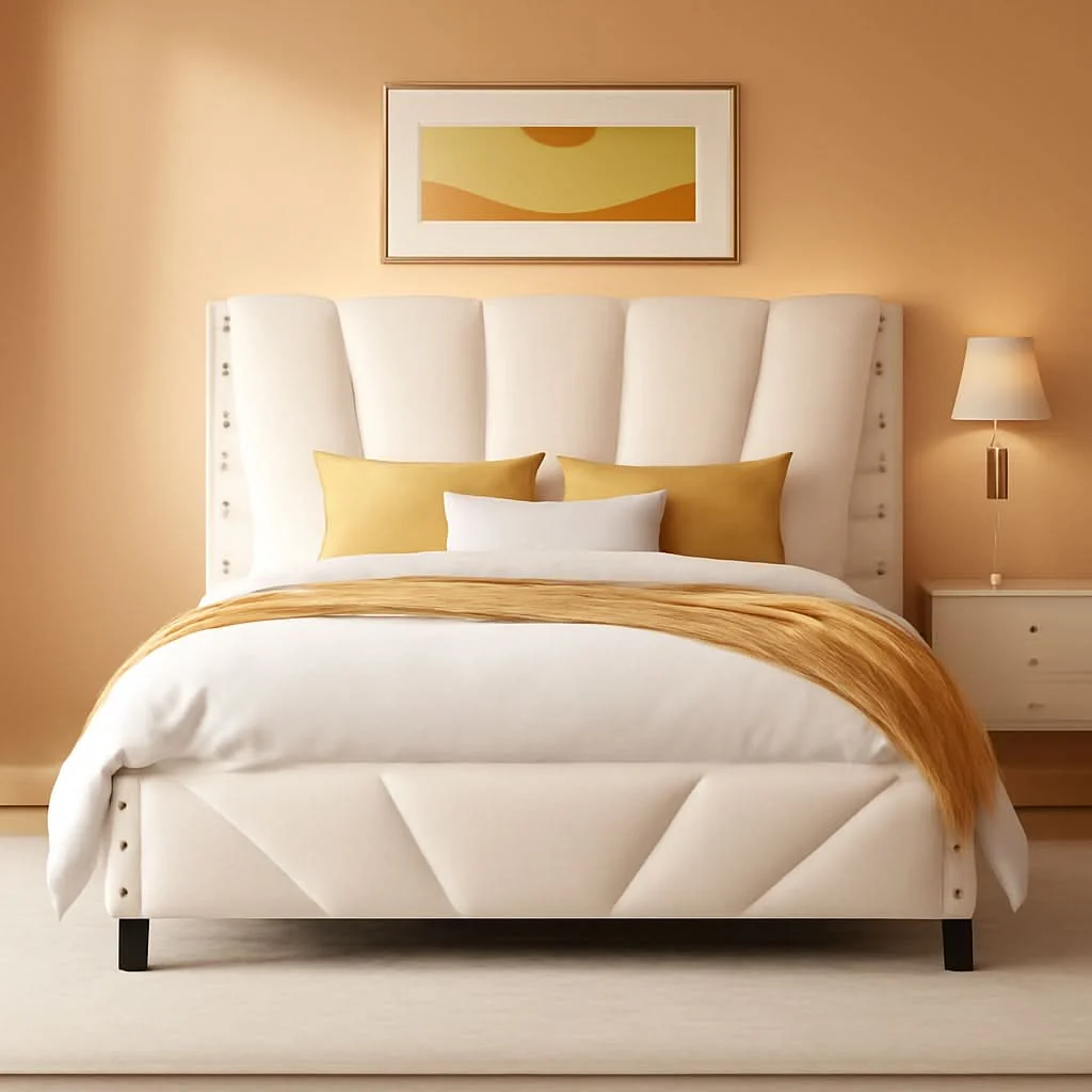 Healthy Queen Size Beige Velvet Upholstered Headboard Bed Frame Authentic
