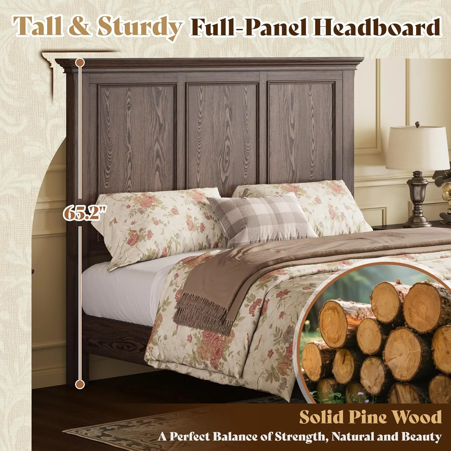 Effective Solid Pine King Platform Bed Frame 65.2In Headboard Secure