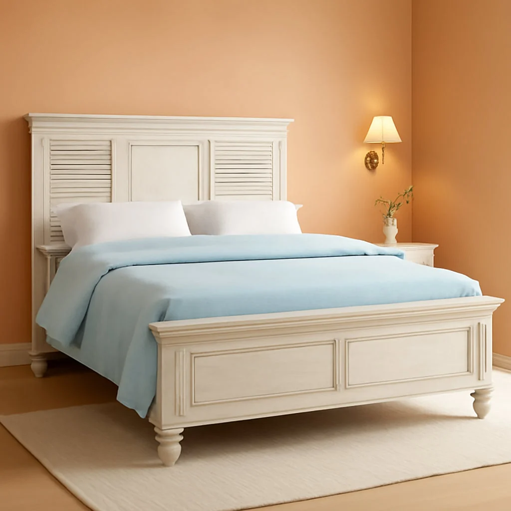 World-Class Antique White Coastal Farmhouse Queen Panel Bed Frame Detailed