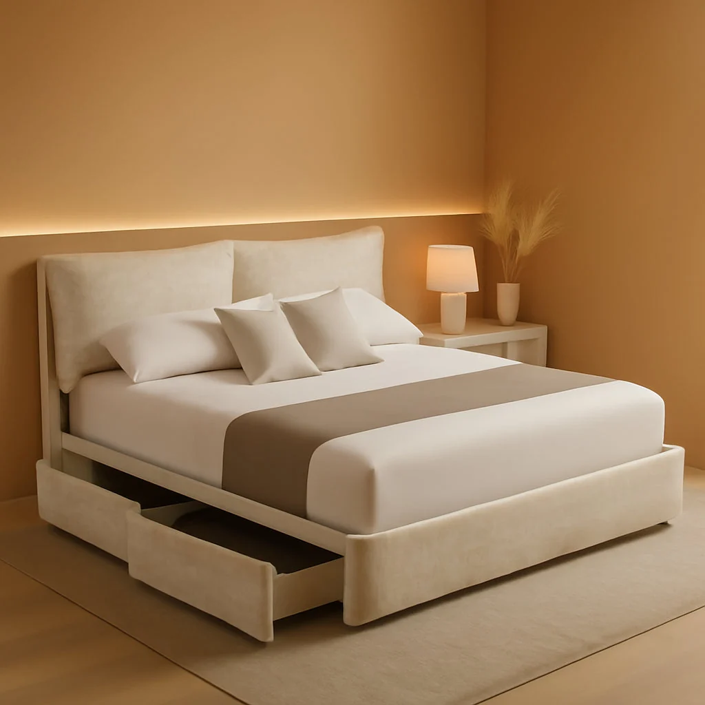 Eco-Friendly King Size Stone Beige Upholstered Platform Bed Drawers Easy-to-Use