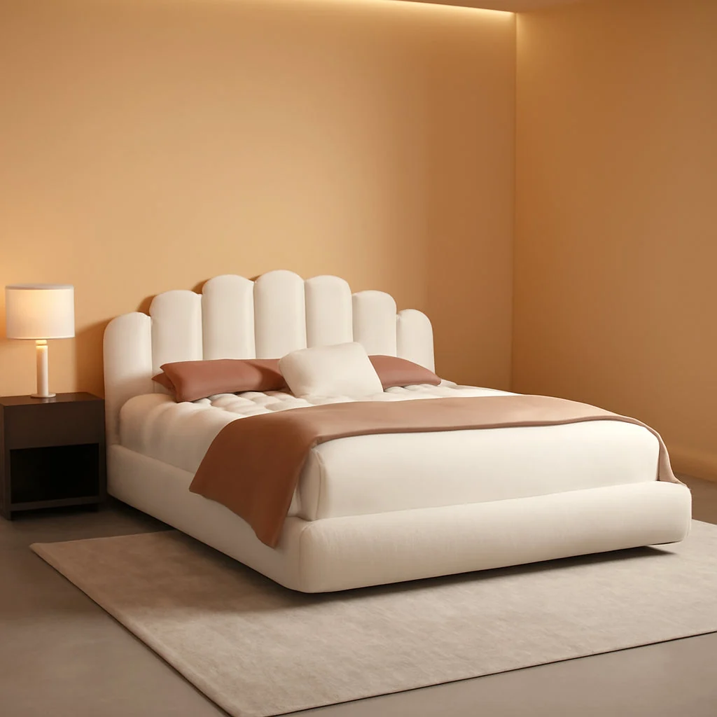 Sustainable Floating King Bed Cream Boucle Engineered Wood Classic Relaxed