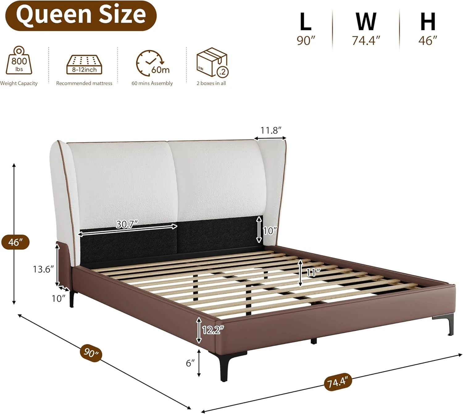 Classic Queen Size White Platform Bed Headboard Wingback Plush Clean