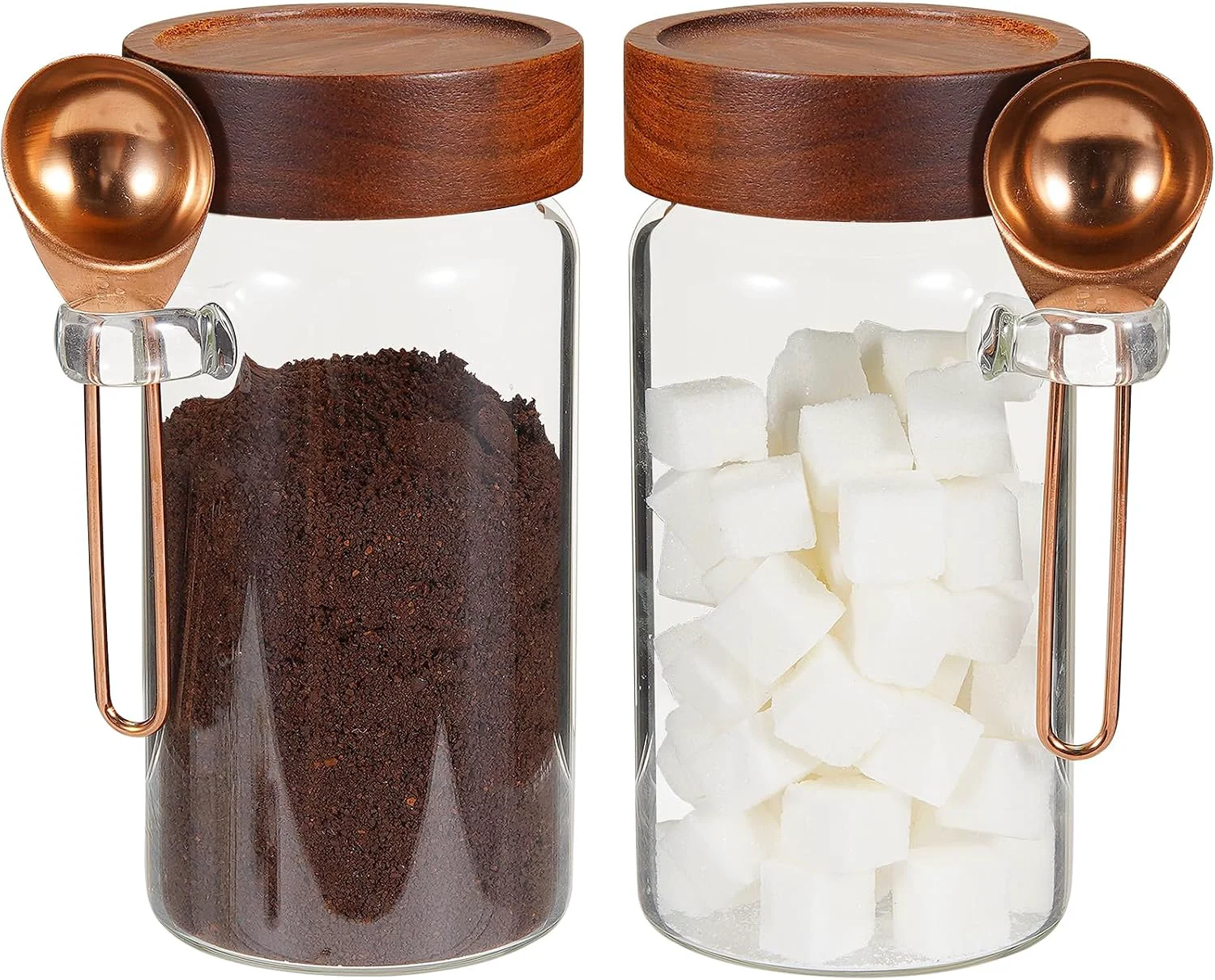 High-End 18oz Glass Coffee Jars with Scoop Wood Screw Lid Clear Round Spice Jar Herb Container Sugar Storage Bottle Canister for Seasoning Meal Prep Tea Coffee Ground Bean Salts 2×550ml 18oz with spoon Classic