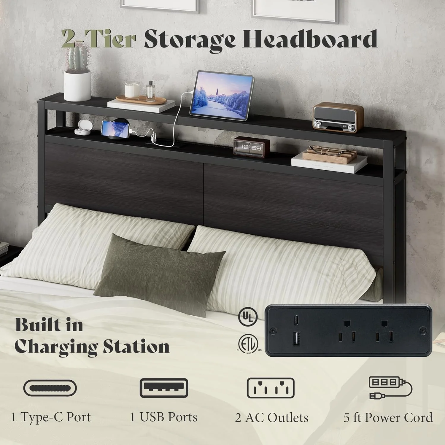 Contemporary Full Standard Size Bed Frame With Storage Headboard Smooth