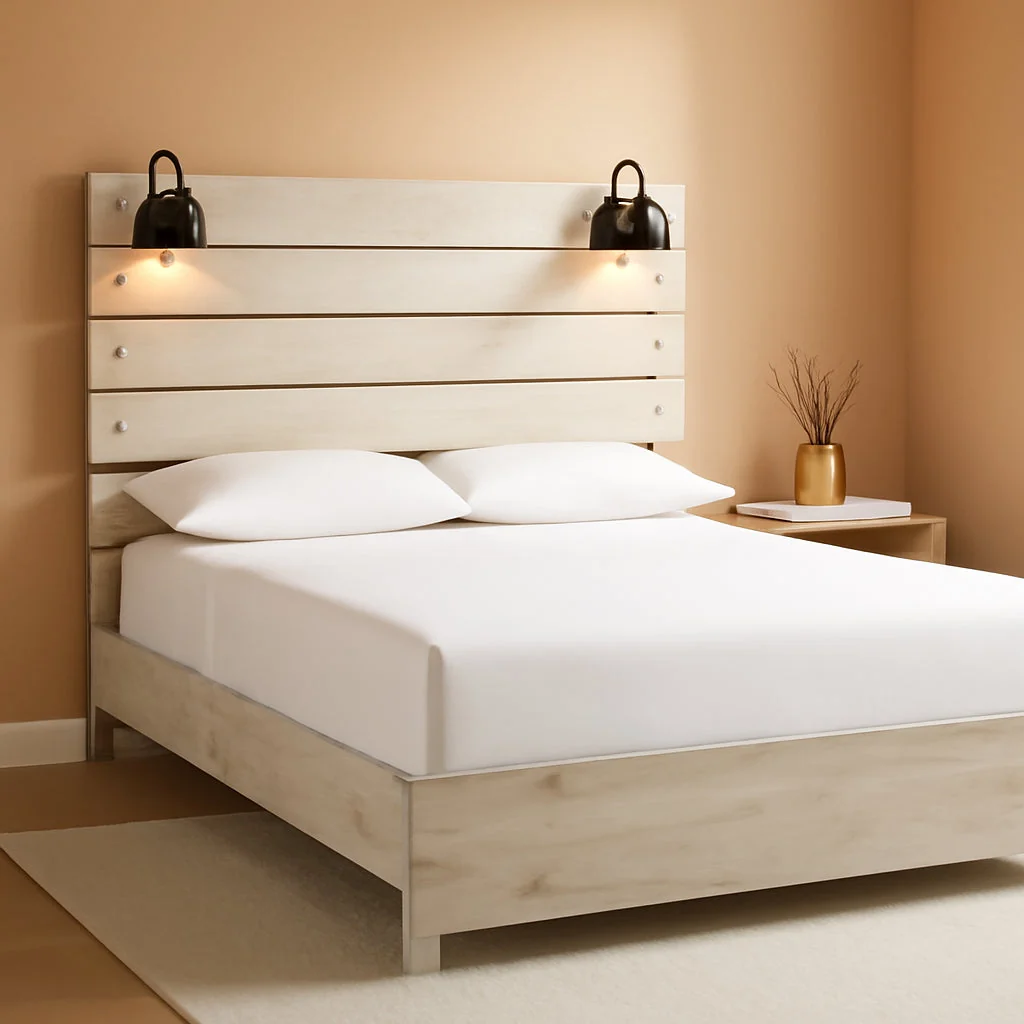 Casual Antiqued Finish Whitewashed King Panel Bed USB Ports Luxury