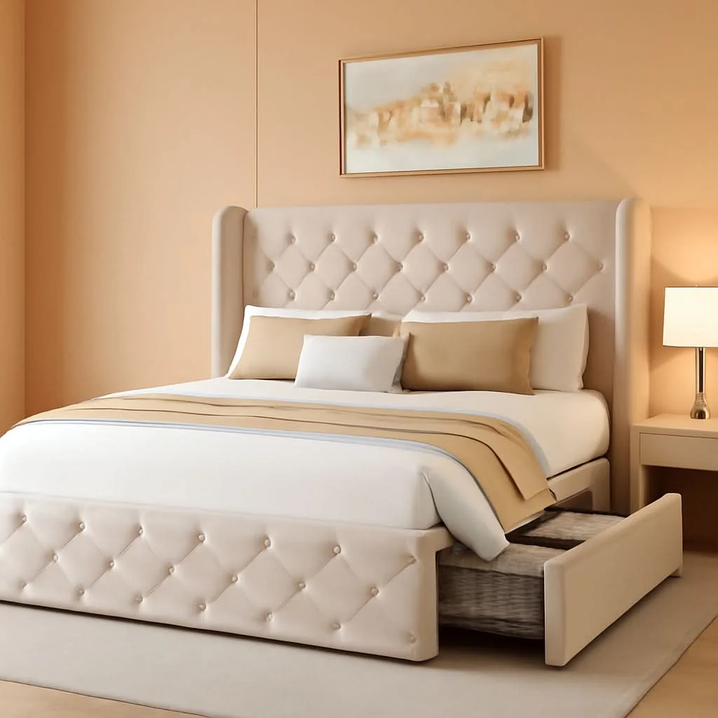 Premium Material Queen Size Bed Frame Beige Upholstered Tufted Head board Premium