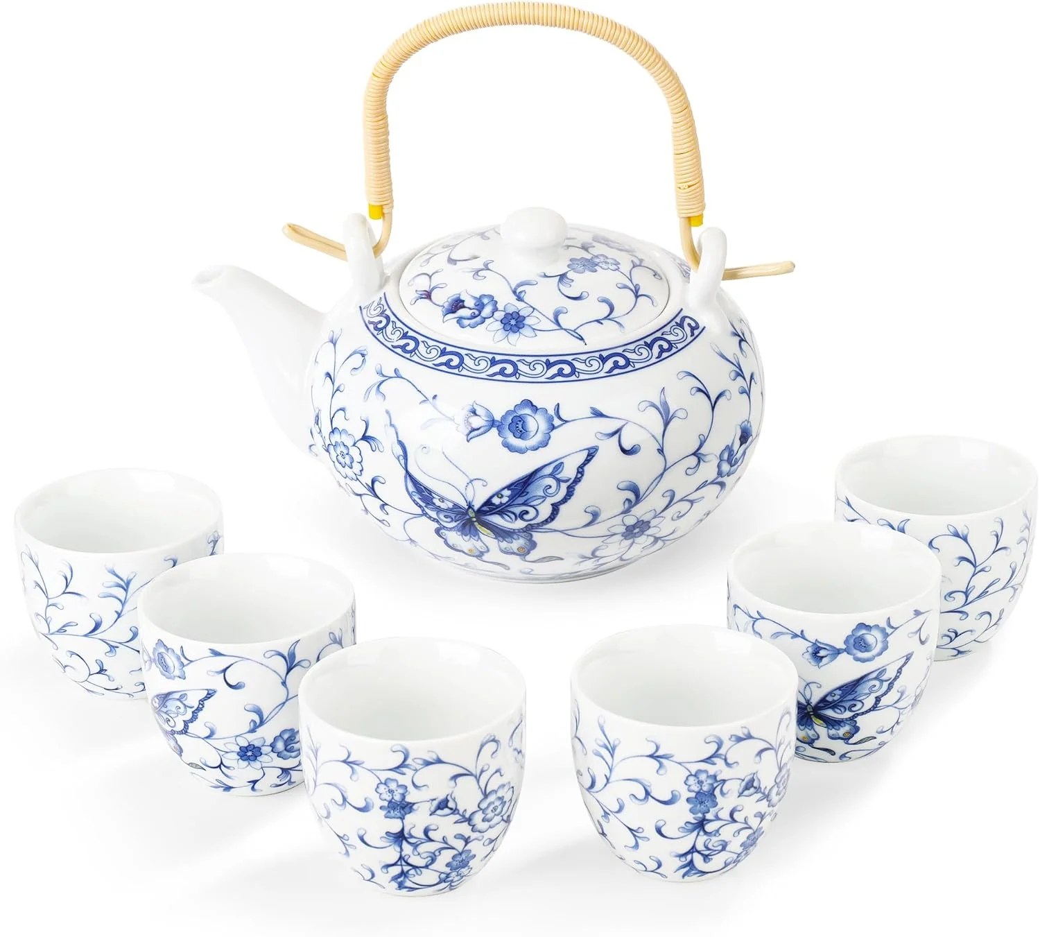 Proven fanquare Chinese Blue and White Porcelain Tea Set with 1 Teapot Set 6 Tea Cups Butterfly Pattern Asian Japanese Tea Sets for Adults Next-Generation