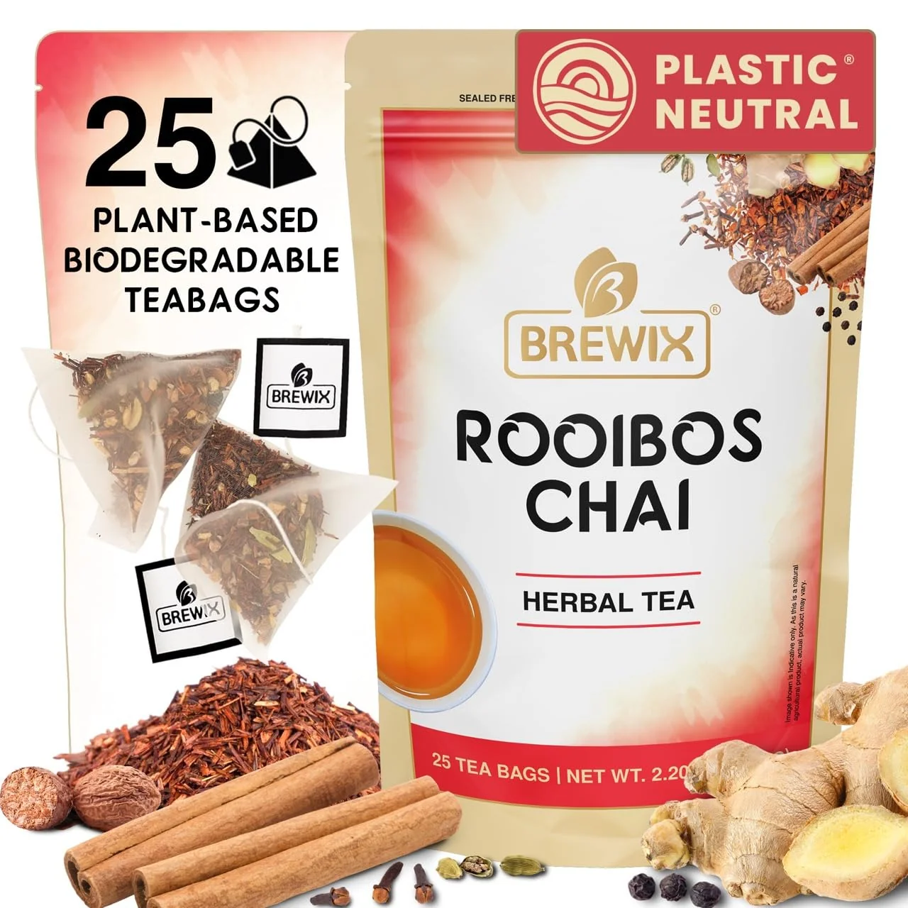 Outstanding Brewix Rooibos Chai Tea Bags 25 Pyramid Tea Bags Caffeine- Herbal Tea South African Red Tea Rooibos Cardamom Cinnamon Black Pepper Reliable