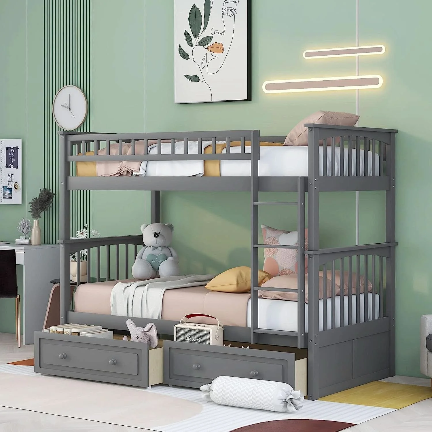Clean Grey Twin Bunk Bed With Storage Drawers Safety Rail Elite