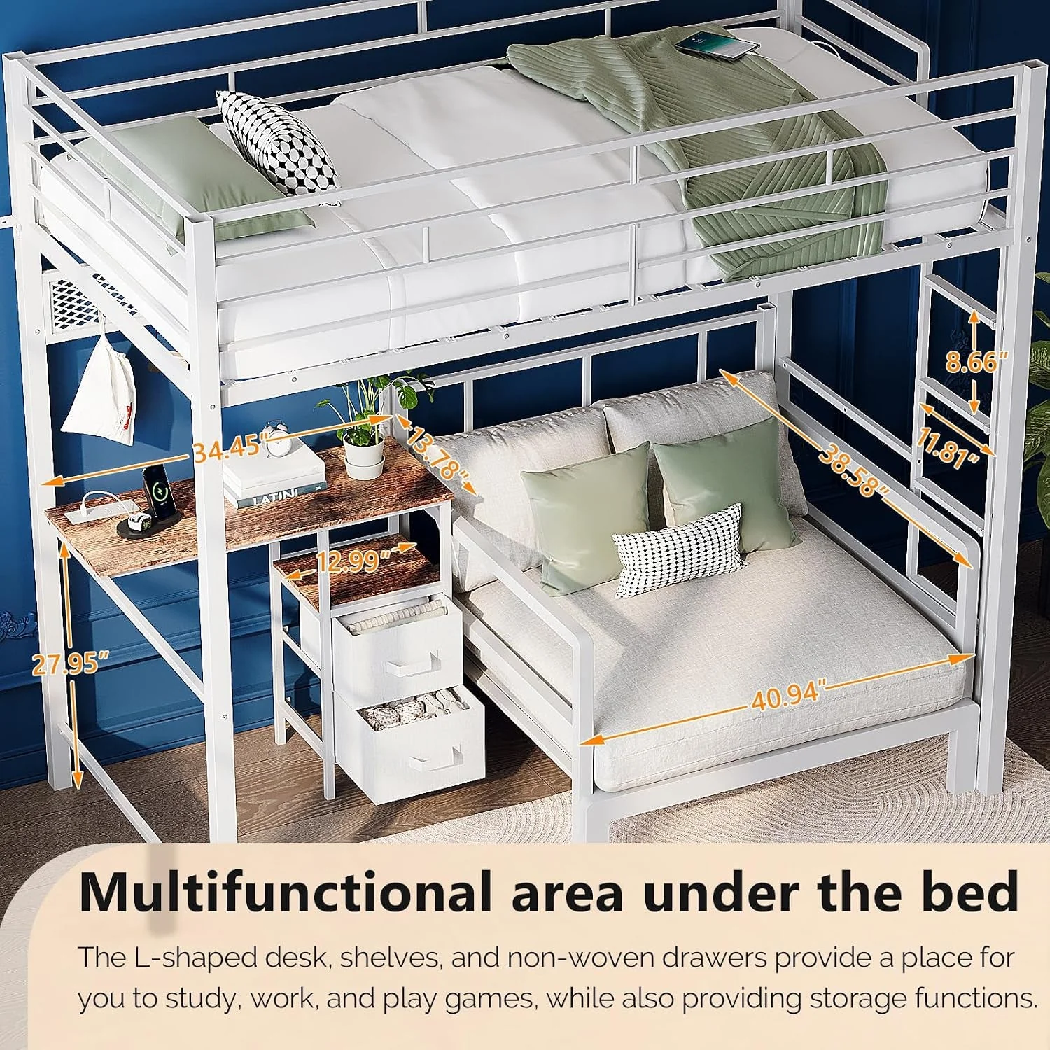Casual Twin Over Twin Metal Loft Bunk Bed With Desk LED Storage Drawers Stylish
